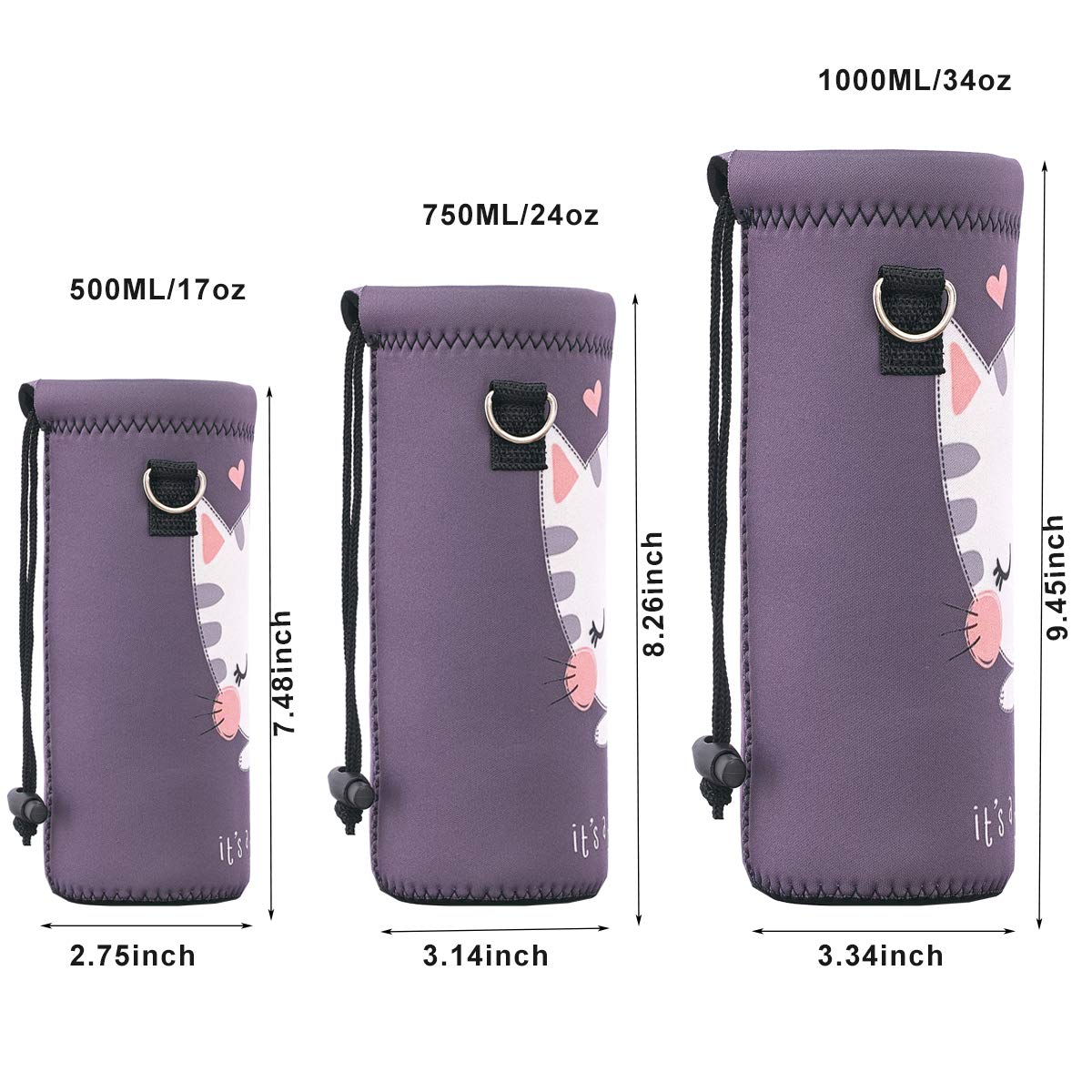 RICHEN Neoprene Water Bottle Carrier Bag with Adjustable Shoulder Strap,Insulated Water Bottle Cover for 500ml/16oz Stainless Steel/Glass/Plastic Bottles (Cute Cat,500ML)
