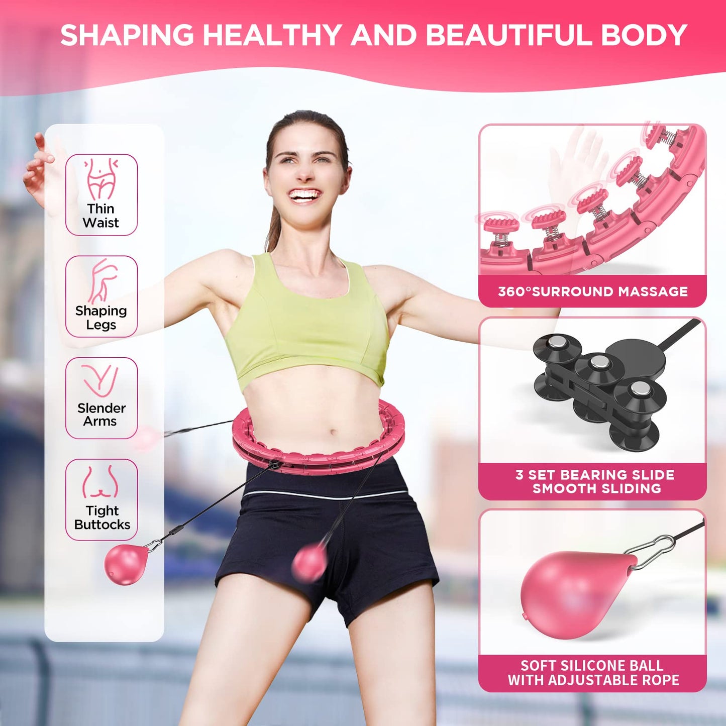 APzek 32 Knots Smart Weighted Exercise Hoop Plus Size, Adjustable Huula Hoop with Extra Links for Adults and Beginners, 2 in 1 Fitness Massage Non Fall Hooola Hoop with Spinning Ball - Pink