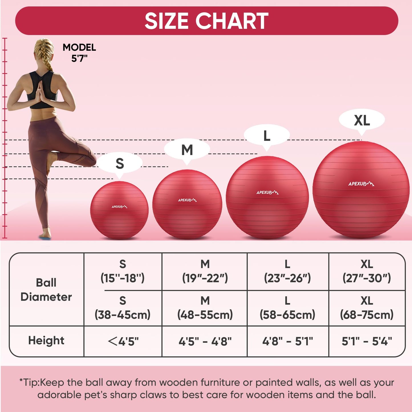 APEXUP Yoga Ball Exercise Ball, Anti Slip Stability Ball Chair, Heavy Duty Large Gym Ball for Fitness, Balance, Core Workout and Physical Therapy (S (15"~18") 45cm, Red)