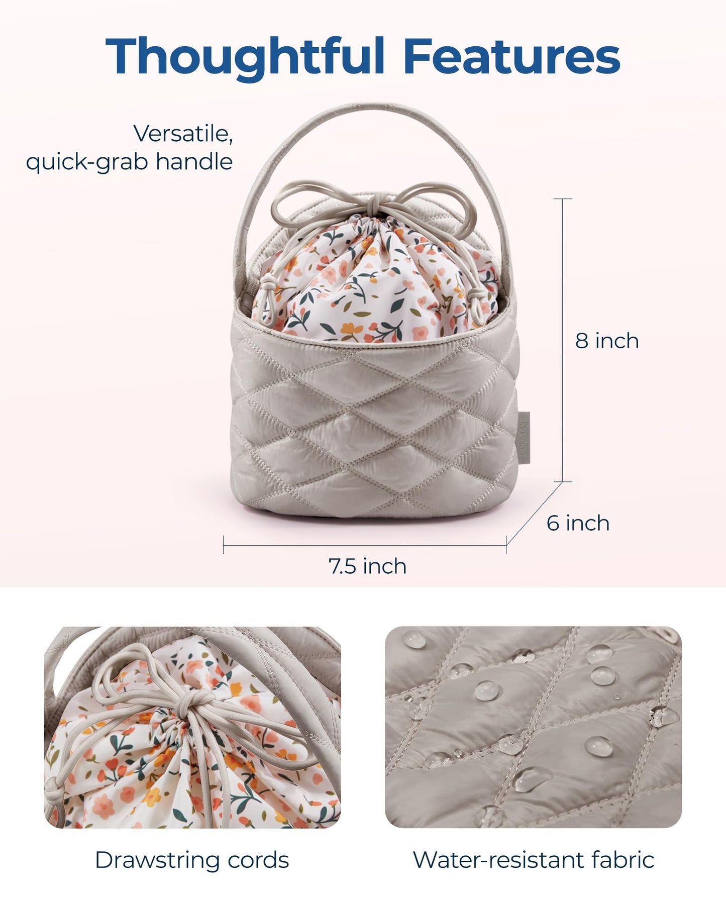 BAGSMART Barrel Drawstring Makeup Bag, Travel Toiletry Bag, Large Cosmetic Bag, Portable Make Up Bags for Women Toiletries Accessories Brush, Khaki