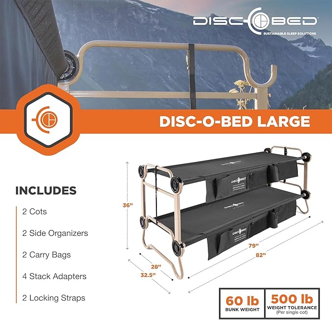 Disc-O-Bed Large Outdoor Convertible 2 Person Bench and Double Camping Cot Portable Bed Bunk System for Adults, Black
