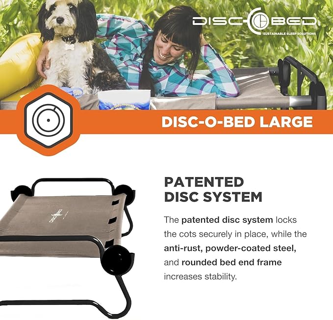 Disc-O-Bed Portable Cam-O-Bunk Bed, Large 2 Adult Sleeping Cot for Camping, Tan