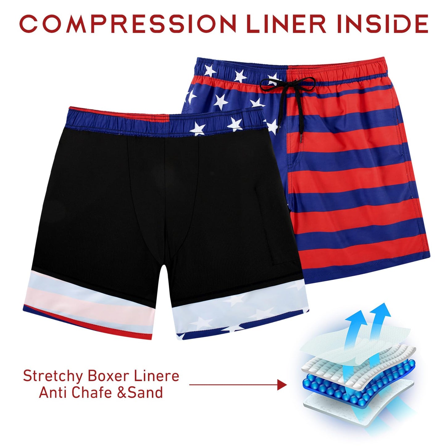 ALISISTER Men Fourth of July Swim Trunks Compression Liner American Board Shorts USA Flag Independence Day Boardshorts Swimsuits Swimwear 7 Inch