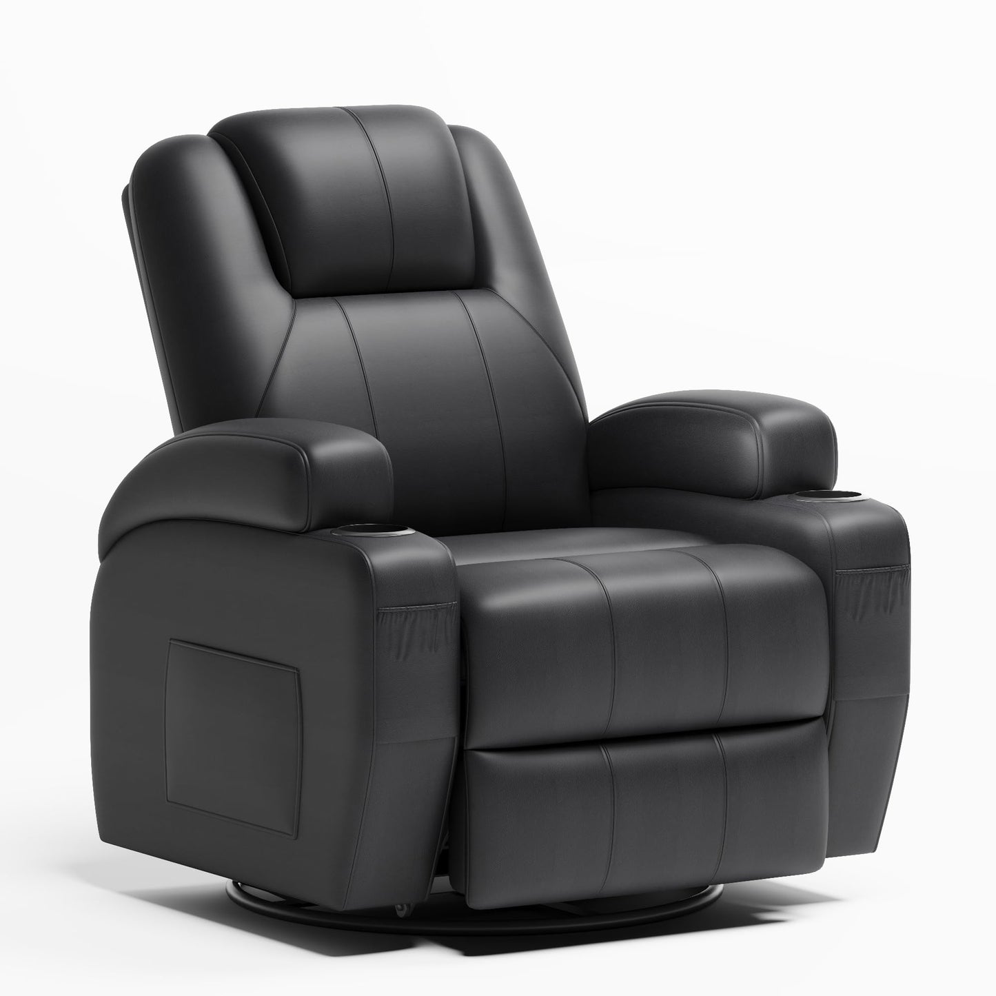 Flamaker Swivel Rocker Recliner Chair with Vibration Massage, 360° Swivel Recliner Chairs for Adults Ergonomic Lounge Chair with Cup Holders Lazy Boy Recliner Single Sofa Seat (Leather, Black)