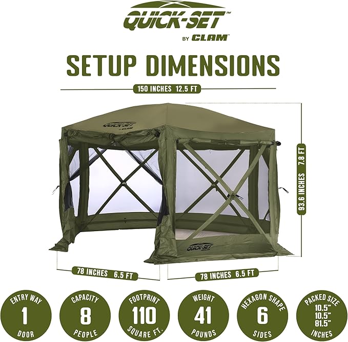 CLAM Pop Up Screen Tent, Outdoor Camping Gazebo Canopy, Pavilion, 12.5', Green - Heavy-Duty Portable Screened Shelter with Netting for Beach, Patio, and Backyard