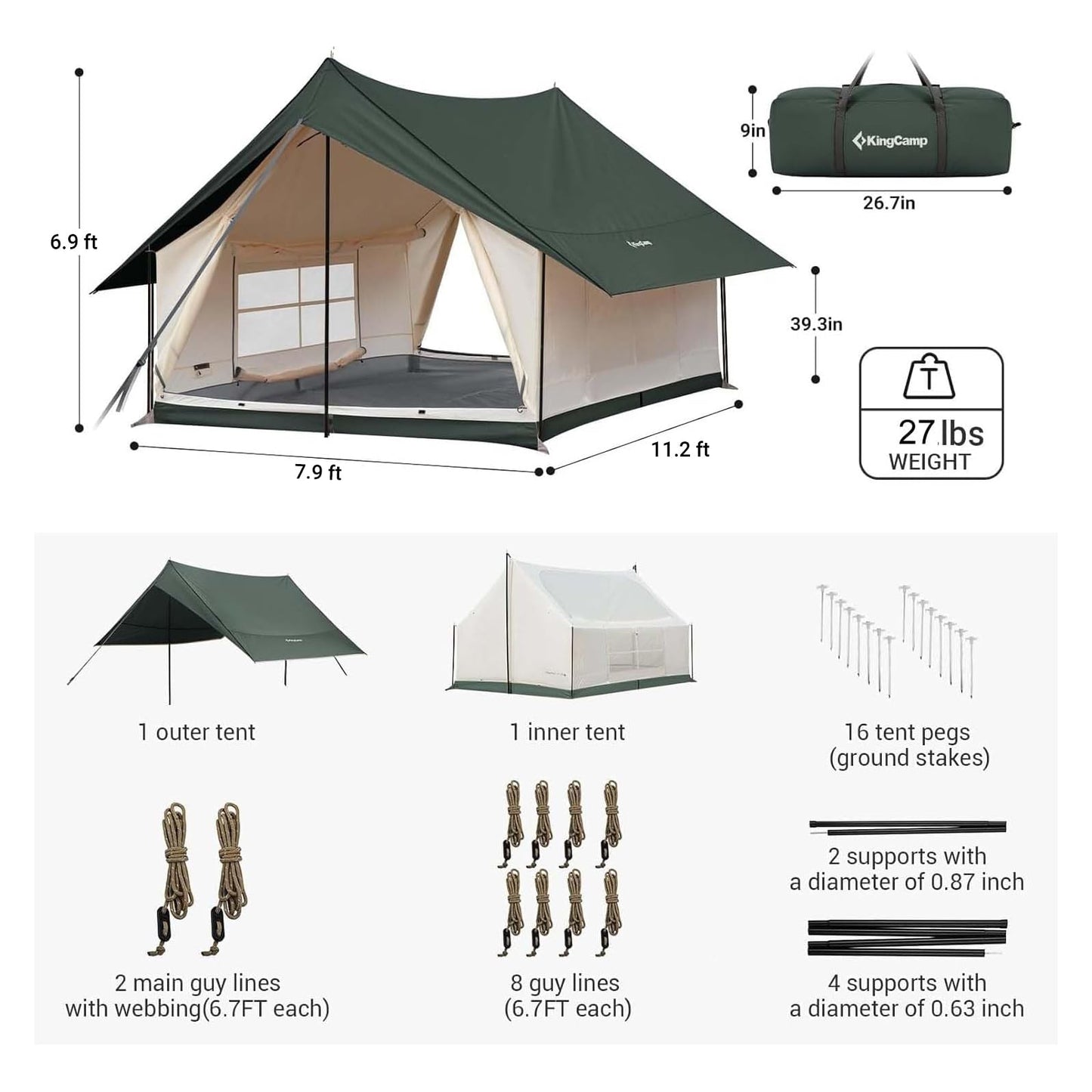 KingCamp Canvas Cabin Tent with Large Windows, Waterproof & Breathable 3/4 Season Tents, Easy Setup Glamping Tent with Carry Bag, for Camping, Picnic Olive Green