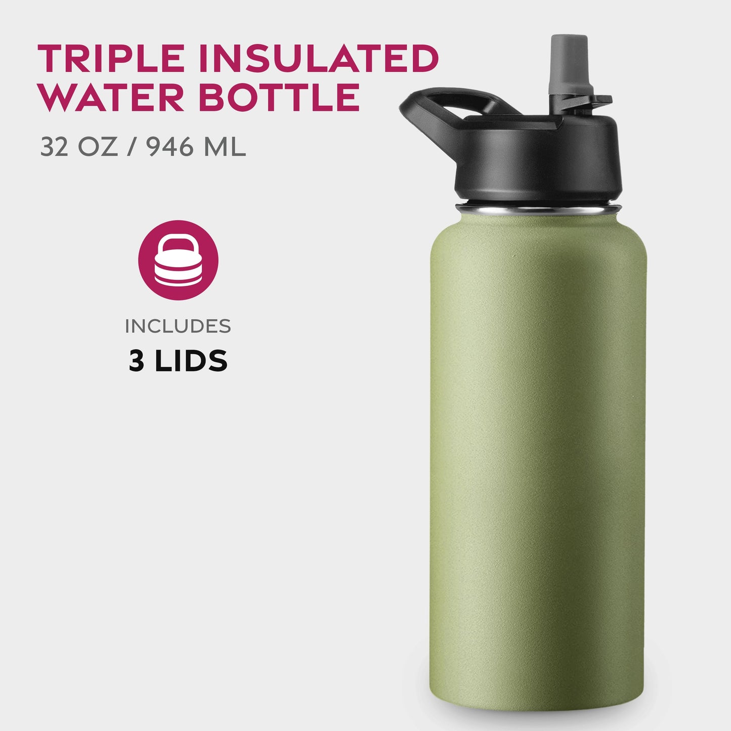 FineDine Triple Walled, Insulated Water Bottles with Straw - 32 Oz Stainless Steel Metal Bottle W/ 3 Leak Proof Lids - For Travel, School, Sports, Gym / Men, Women & Kids - Army Green