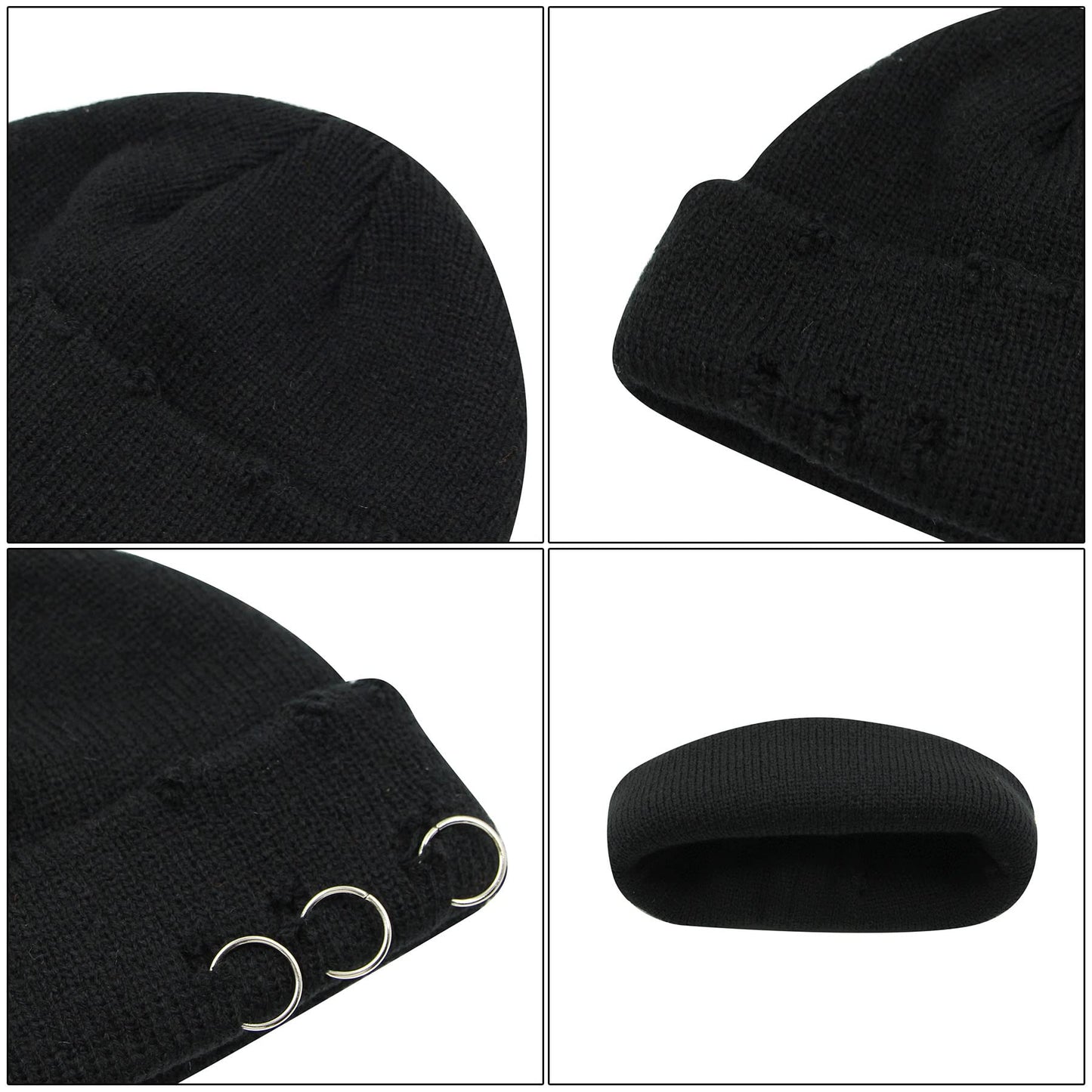 AIBEARTY Swag Short Fisherman Beanie for Men Women Rolled Cuff Beanie Skull Caps Wool Knit Winter Ski Hat with O Rings Black