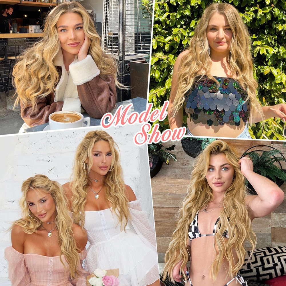 ALXNAN Clip in Long Wavy Hair Extension 20 Inch Honey Blonde to Bleach Blonde Hair Extensions 4PCS Thick Hairpieces Fiber Double Weft Hair for Women