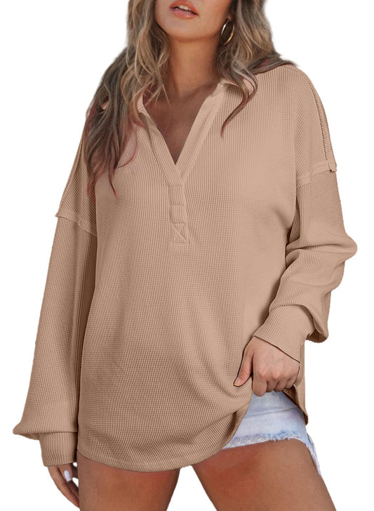 AlvaQ Shirts for Women Fall Winter Clothes Oversized Long Sleeve Sweatshirt Fashion Casual Loose Fit V Neck Drop Shoulder Tunic Tops Khaki Medium