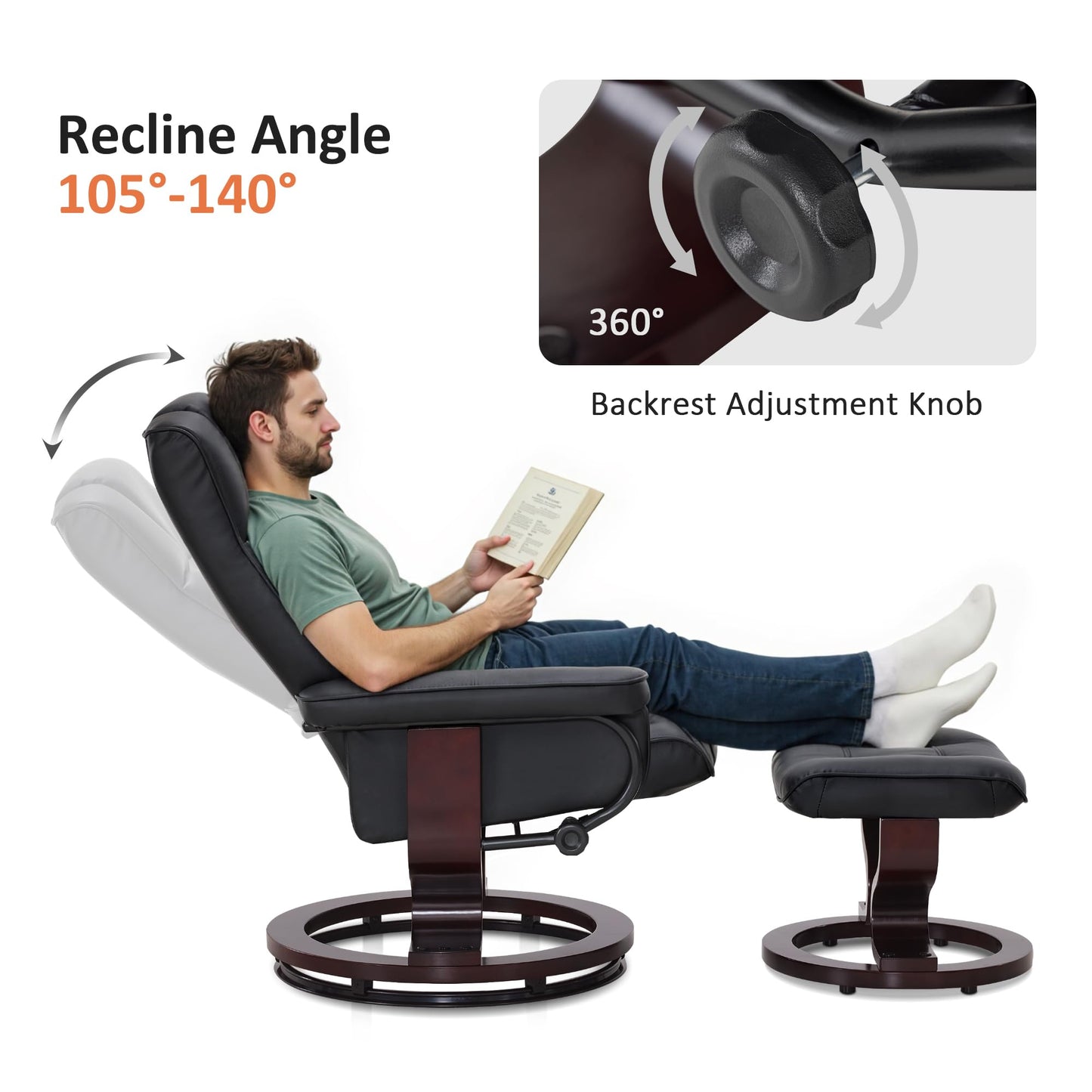 MCombo Manual Swivel Recliner with Ottoman, Chair Ottoman Set for RV Small Spaces, Living Room, Bedroom, Office 9019 4919 (Faux Leather, Black)