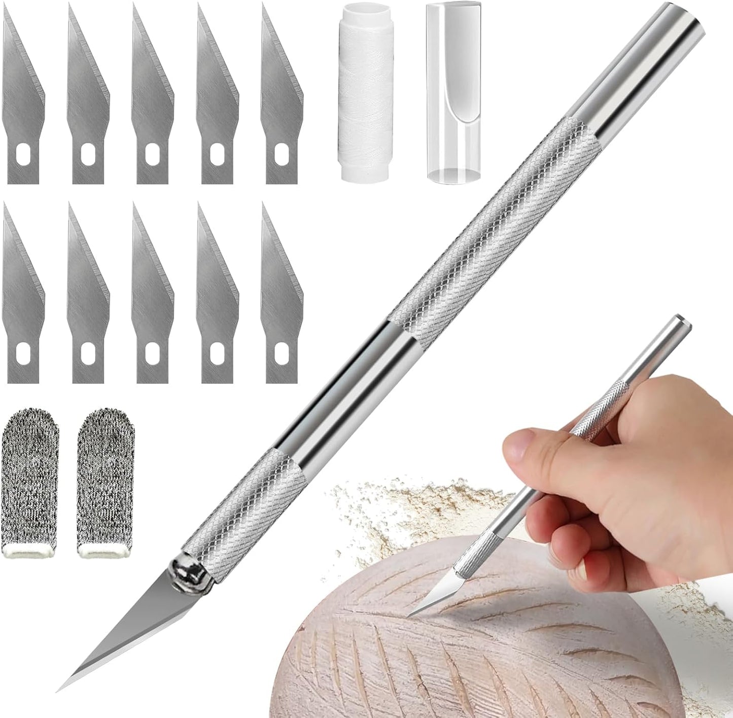 Premium Bread Lame - Sourdough Scoring Tool Kit with 11 Blades, Safety Cover, 2 Finger Sleeves, Pattern String - Stainless Steel Dough Scorer Knife for Artisan Bread Baking