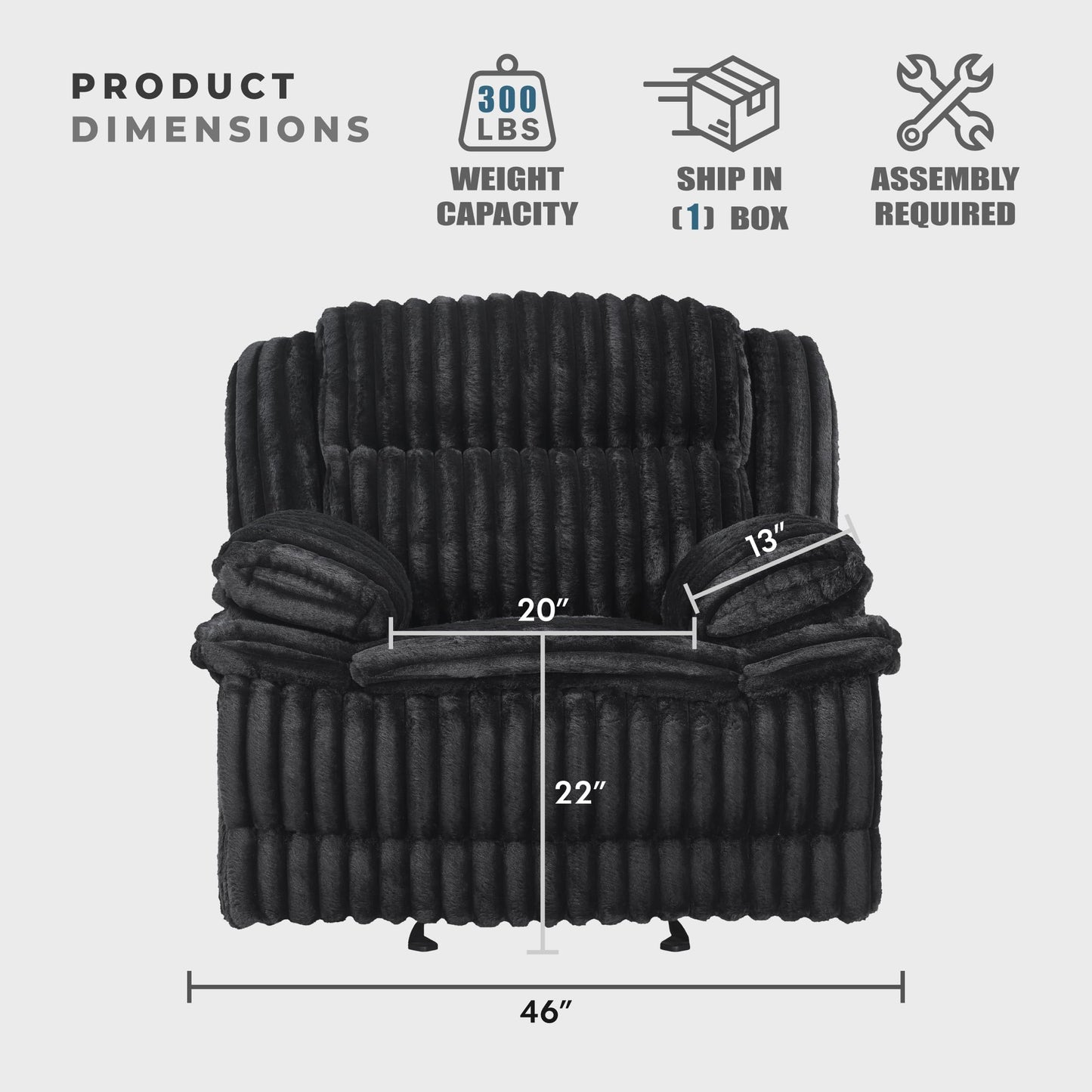 Lexicon Manual Glider Recliner Chair, Corduroy Manual Tab Pull Reclining Chair with Pillow Top Arms, Plush Cushions, Cozy Theater-Style Accent for Living Room/Bedroom, Easy Assembly, Black