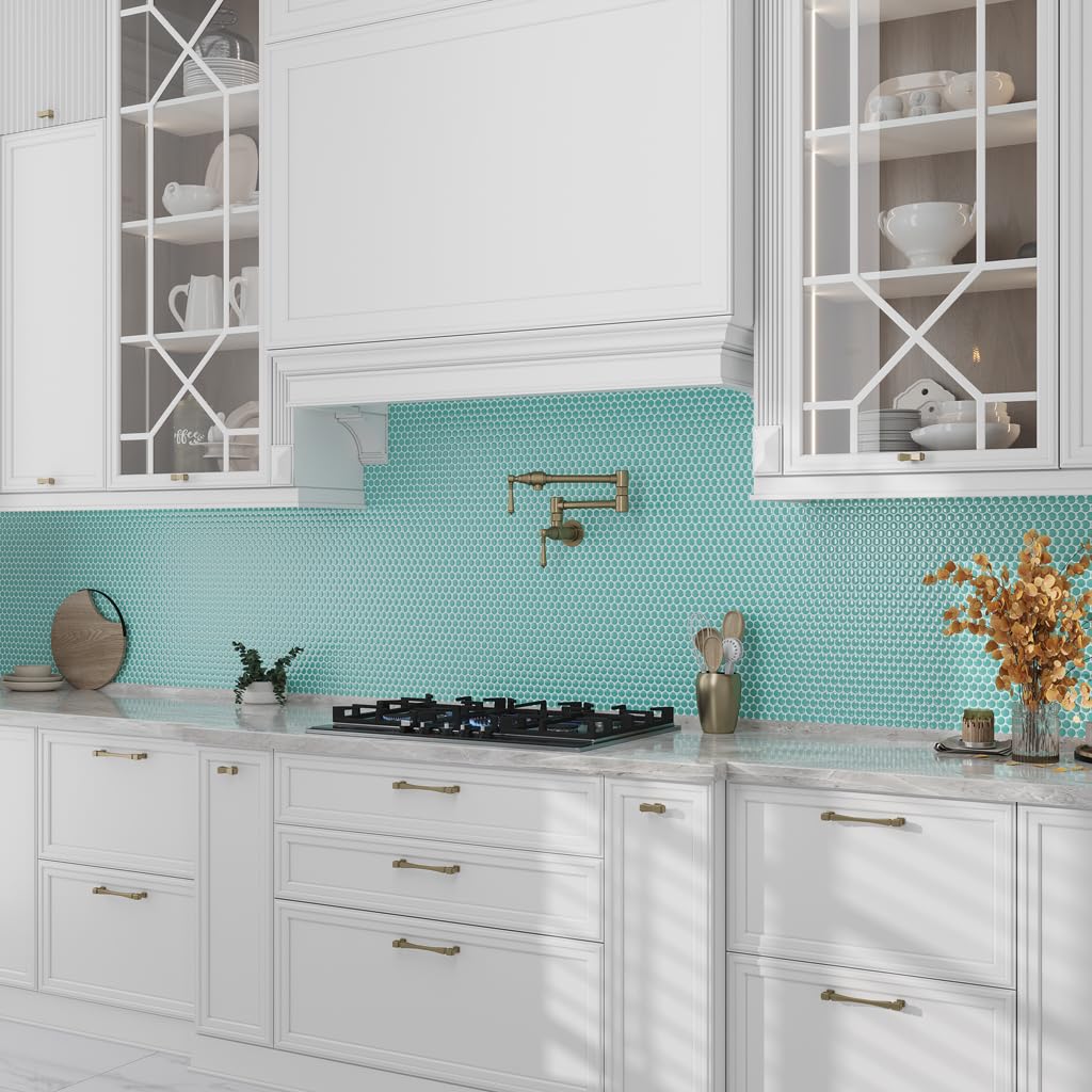 10 Ceramic Penny Round Tile Sheets, 9.87 SqFt/Box. Glossy Turquoise 11.46 X 12.4 in. Porcelain Wall Backsplash & Floor Decorative Mosaic Tile. Easy Install for Kitchens, Bathrooms Decor/Remodel