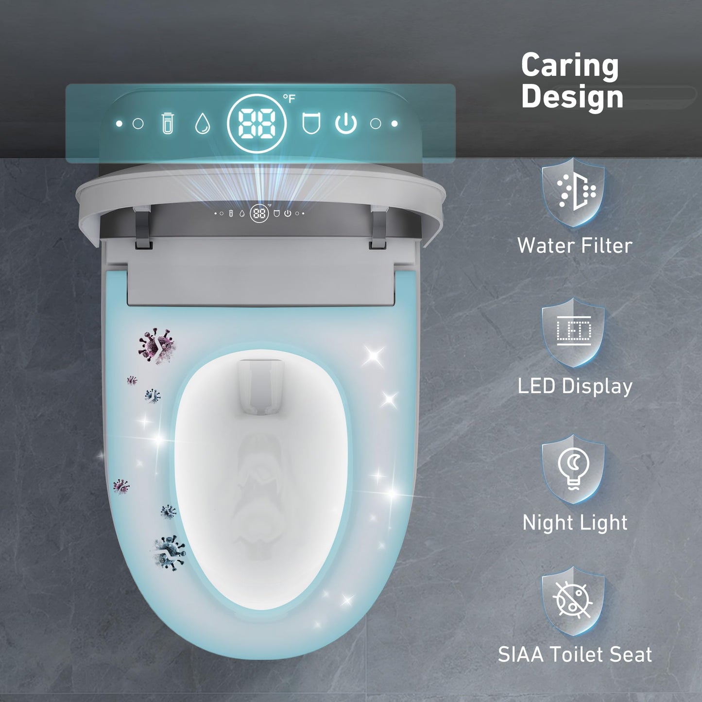 Keloyid Smart Toilet with Tank Built In, One Piece Bidet Toilet, Instant Warm Water, Heated Seat, Foam Shield, Sensor to Open/Close/Flush, ADA Height, Pump-assisted, Blackout Flush, LED Display