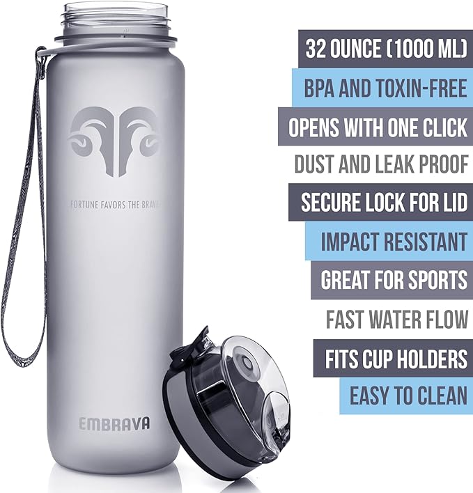 Embrava Sports Water Bottle - 32oz Large - Fast Flow Quick Sip Lid - BPA & BPS Free - Leakproof, Flip Top - Lightweight & Sturdy Tritan Plastic - Strainer for Fruit & Ice