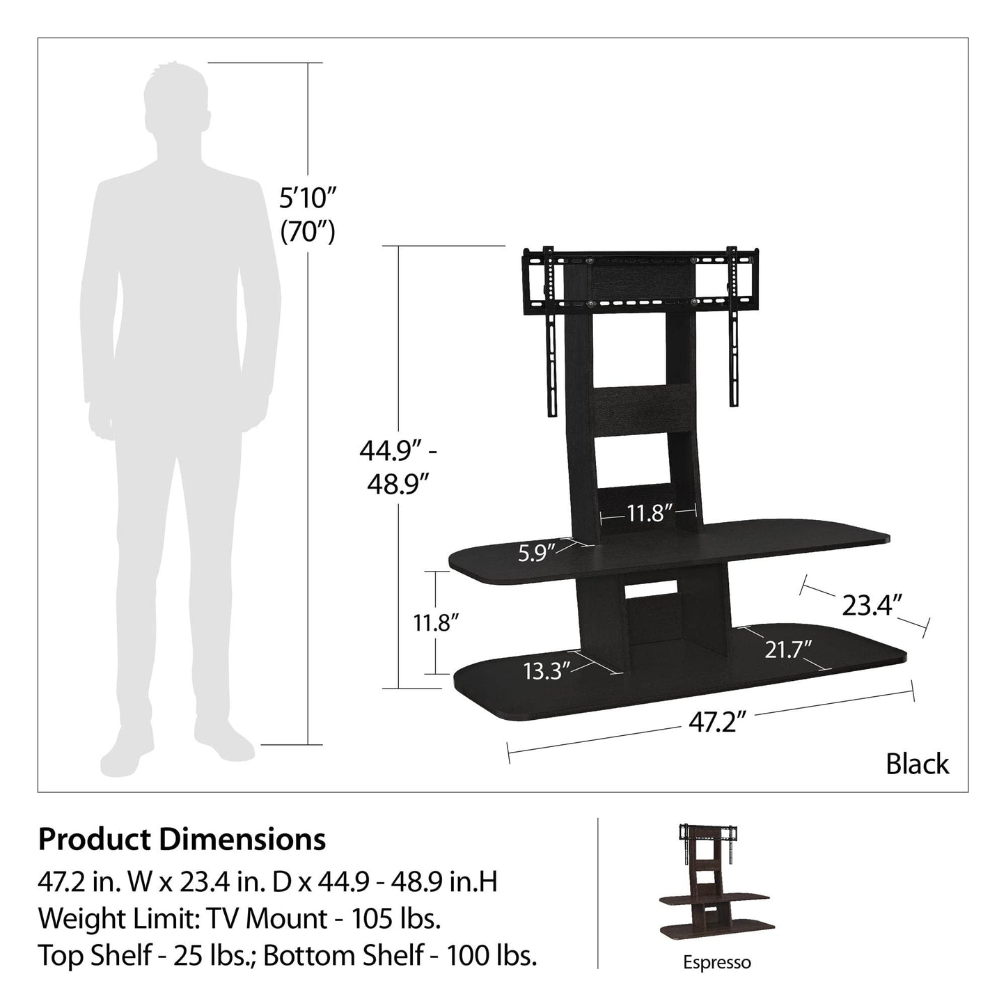 Ameriwood Home Galaxy TV Stand with Mount for TVs up to 65", Black