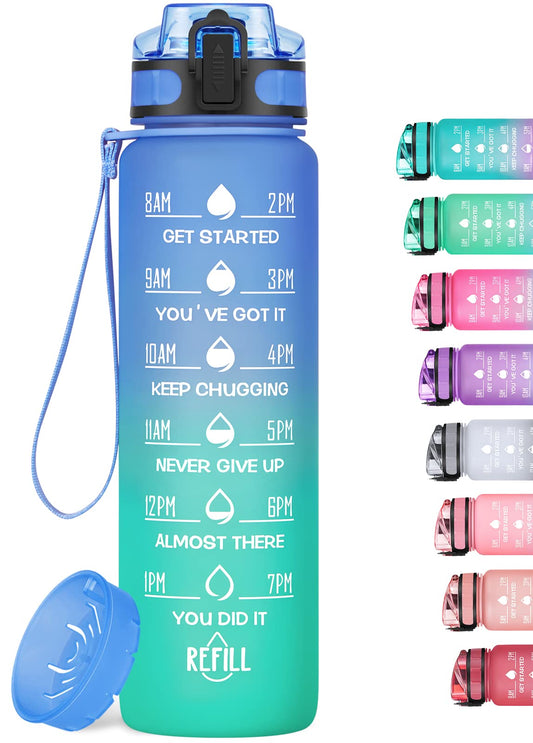 MEITAGIE 1L/750ml Motivational Water Bottle with Time Marker, Leak-proof BPA Free Drink Bottle with Fruit Strainer or straw, Perfect for Fitness, Gym and Outdoor Sports