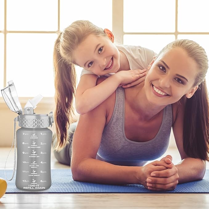 OLDLEY Kids Water Bottle for School, 12 oz (Straw Lid) BPA-Free Reusable Leak-proof Durable Tritan Plastic Water Bottles with One-handed Opening Straw Lids, Anti-dust Spout Cover (Grey)