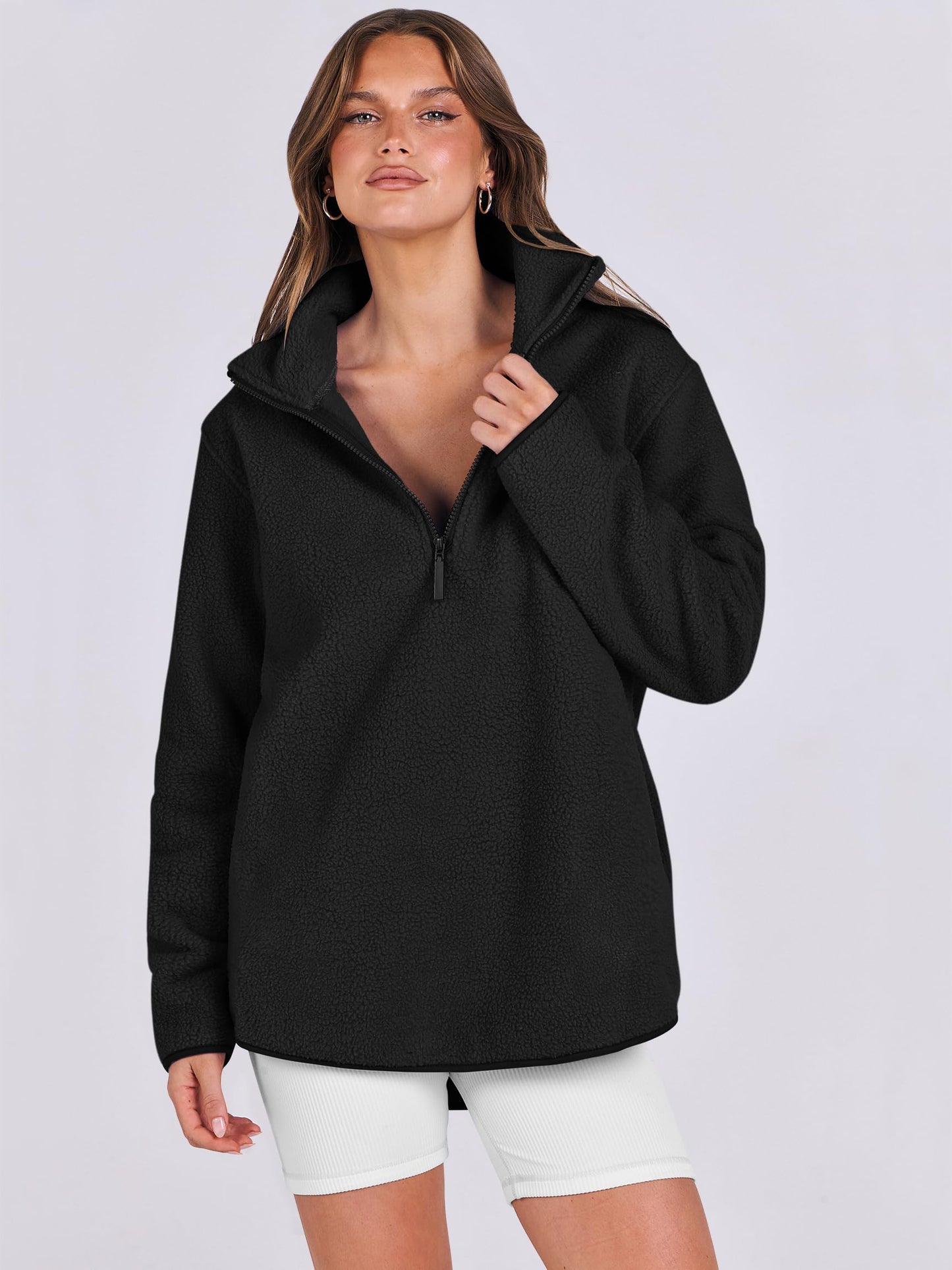 ANRABESS Women Oversized Sherpa Fleece Half Zipper Sweatshirts Fuzzy Collared Quarter Zip Pullover 2024 Fall Winter Clothes Black Small