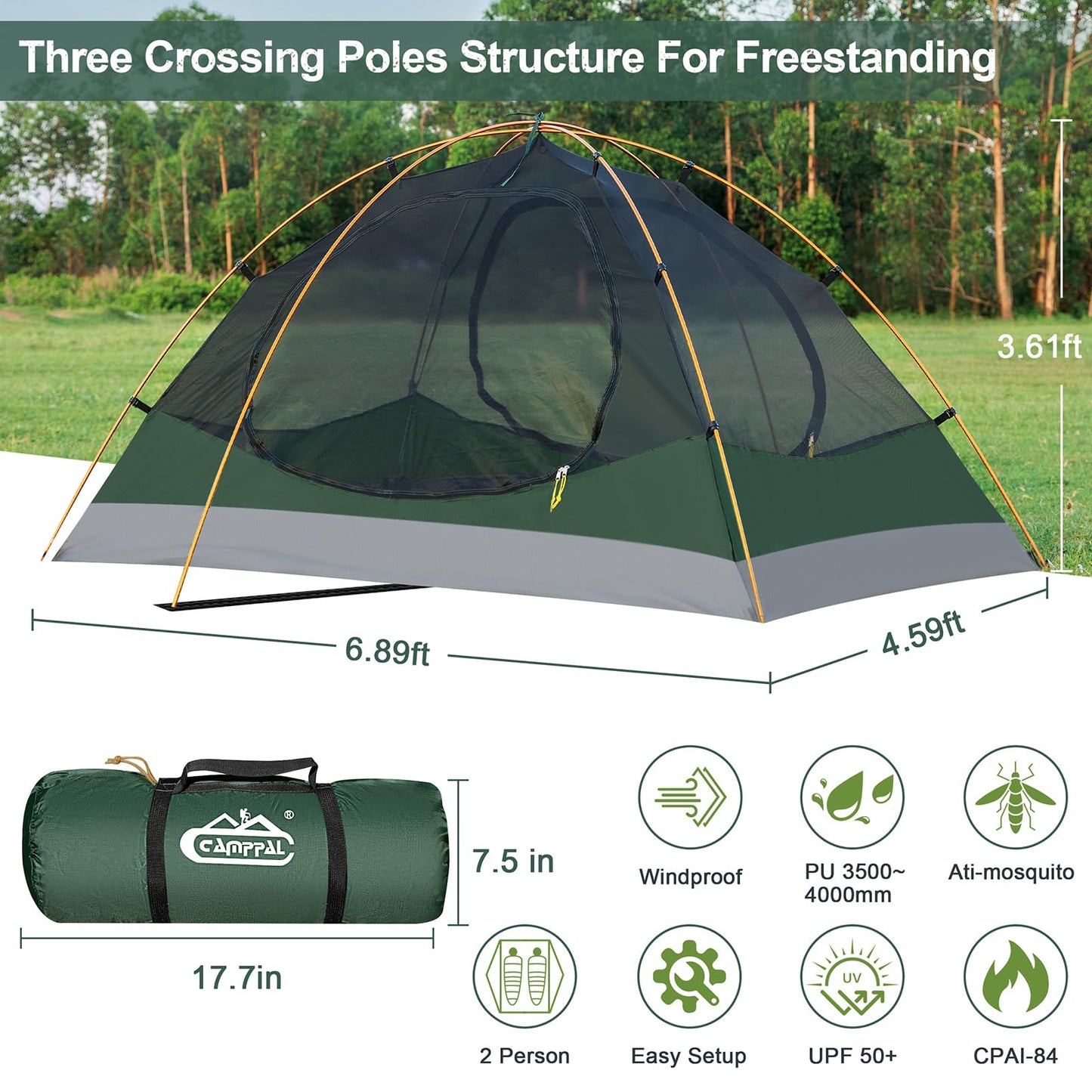 Camppal 2 Person Backpacking Tent, Waterproof 4 Season Tent, Windproof Rainproof Cold Weather Winter Tent for Camping, Hiking, Hunting, Motorbiking, Cycling - Green