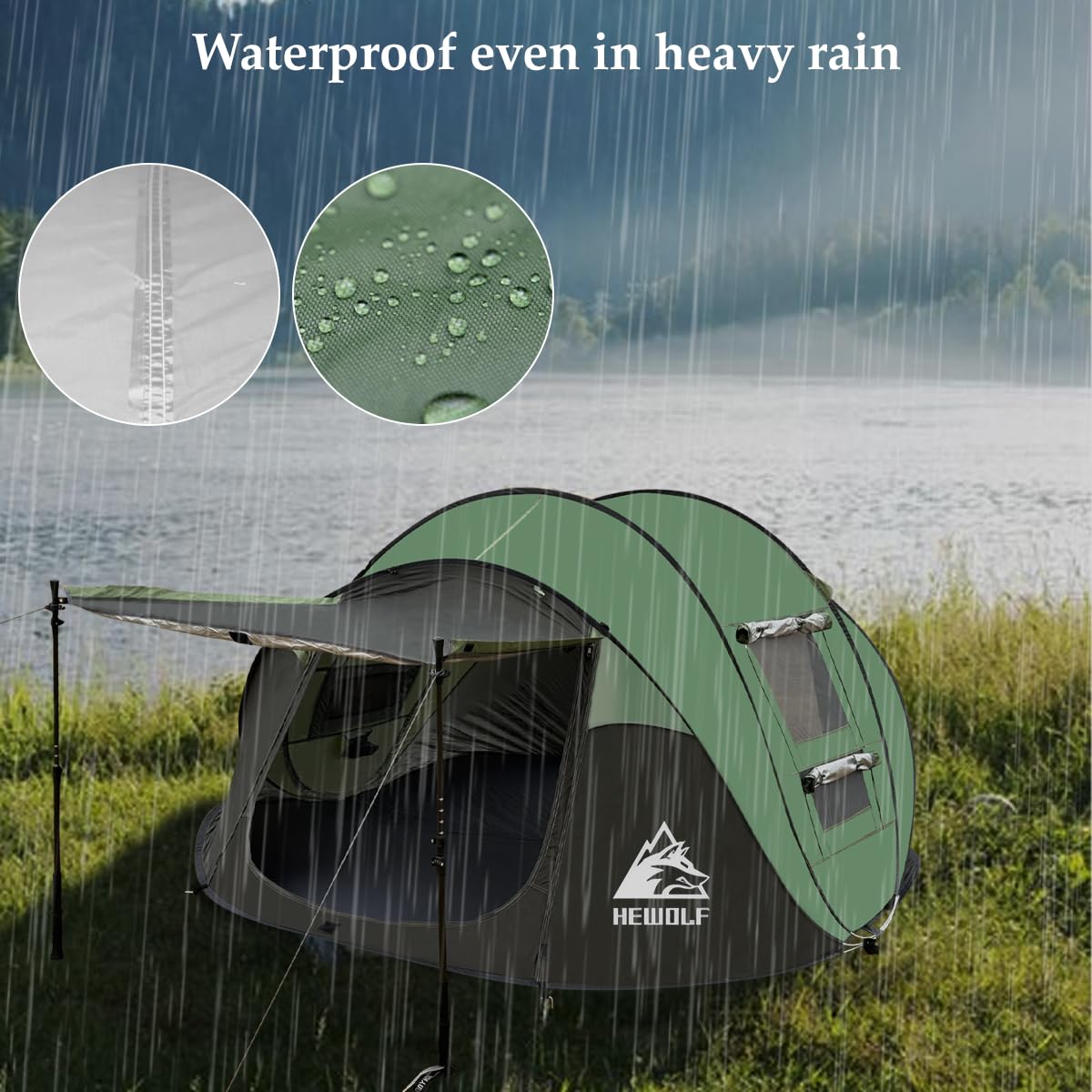 HEWOLF 3-4 Person Pop Up Tents for Camping Easy Set Up Pop Up Tent Waterproof Portable Tent Automatic Setup with 2 Bigs Doors Family Tents for Hiking (Green)