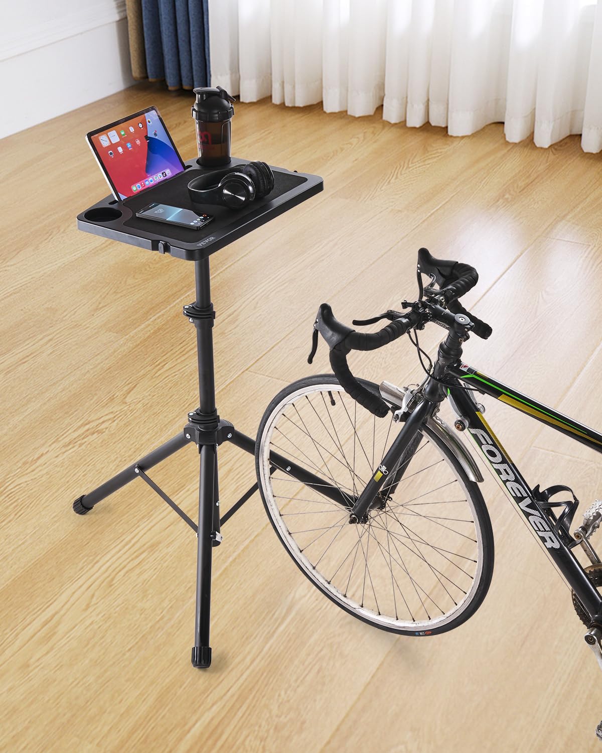 VEVOR Cycling Desk, Foldable Bike Desk & Treadmill Desk with Triangle Support, Non-Slip Multi-Slot Bike Trainer Fitness Desk with Handle Bar, Fit for Home Office Exercise
