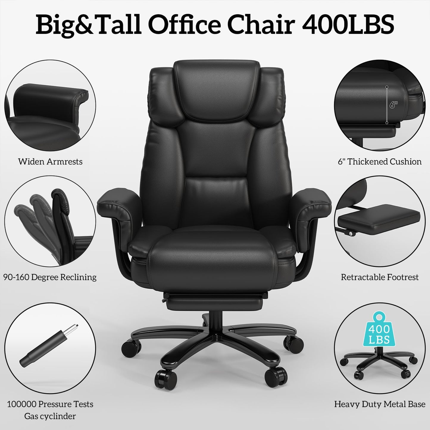 GYI Big and Tall Office Chair 400LBS, 160° High Back Reclining Office Desk Chair with Wide Seat, Arms, Footrest, Black