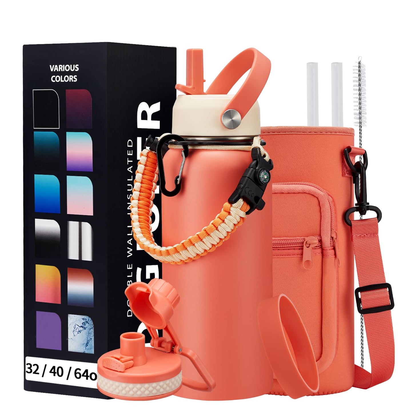 DIGJUPER 32 oz Sports Water Bottle Insulated - w/Paracord Handle, Straw & Spout Lids, Protective Boot, Sweat Proof Hydro Metal Water Flask Keeps Cold-48H Hot-24H, Travel Thermo Mug for Sports Hiking