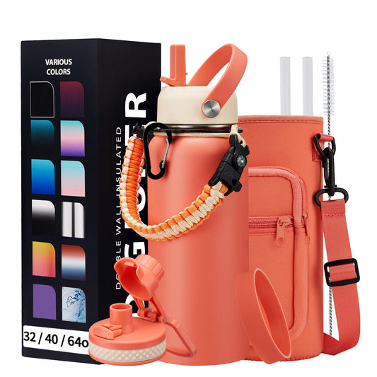 DIGJUPER 32 oz Sports Water Bottle Insulated - w/Paracord Handle, Straw & Spout Lids, Protective Boot, Sweat Proof Hydro Metal Water Flask Keeps Cold-48H Hot-24H, Travel Thermo Mug for Sports Hiking