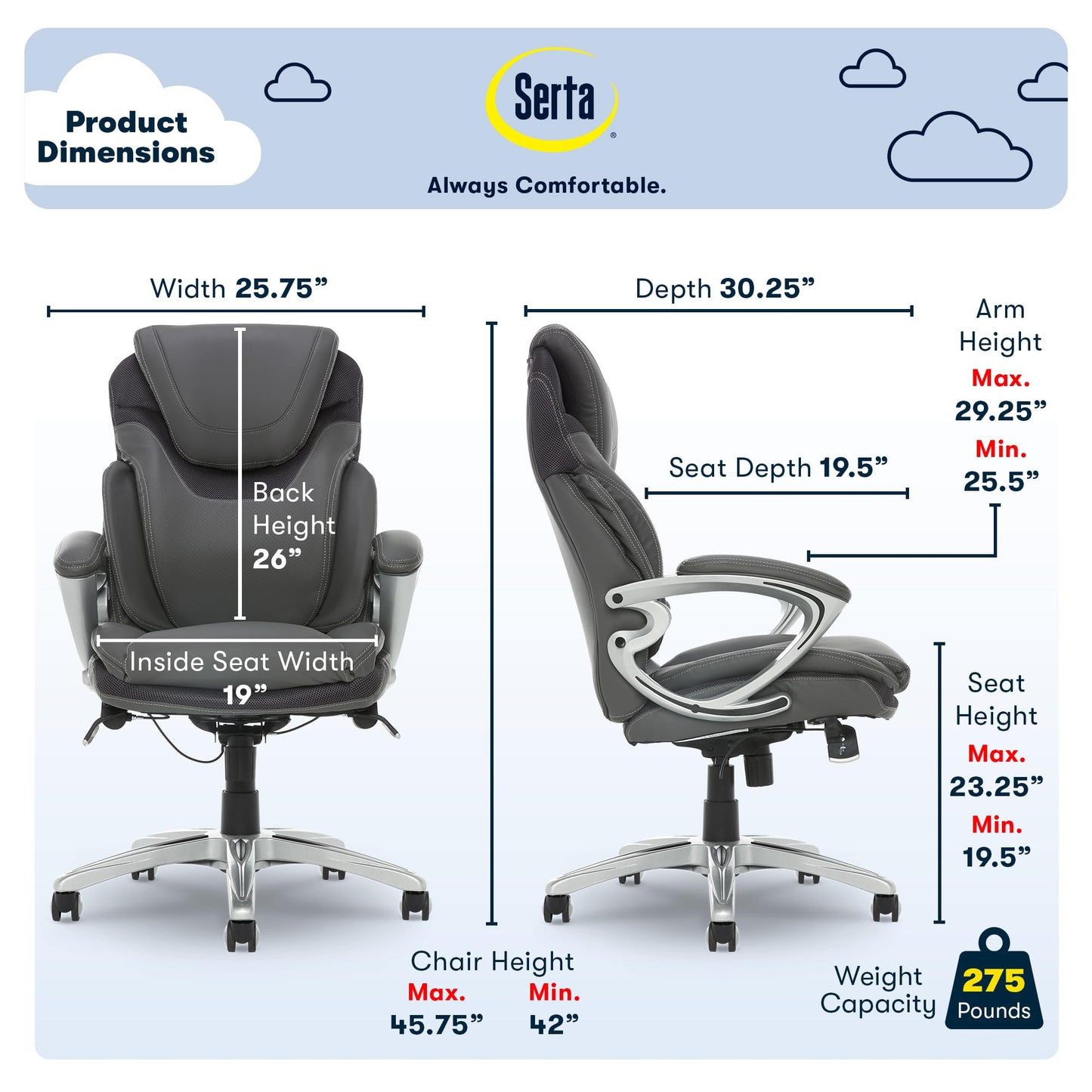 Serta Bryce Executive Office Chair, Ergonomic Computer DeskChair with Patented AIR Lumbar Technology, Comfortable Layered Body Pillows for Cushioning, SertaQuality Foam, Bonded Leather, Gray