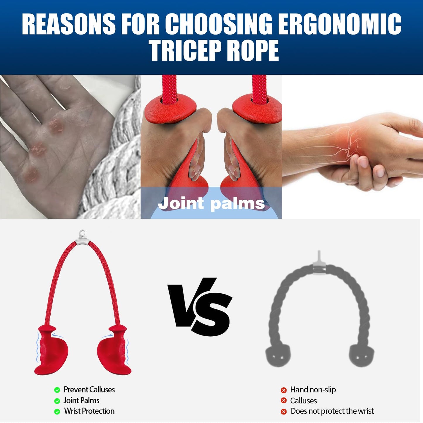 Tricep Rope with Ergonomic Handles, 36 Inch Tricep Pull Down Rope for Cable Machine, Pulley System, Triceps Rope Cable Attachment for Gym, Home (Red)