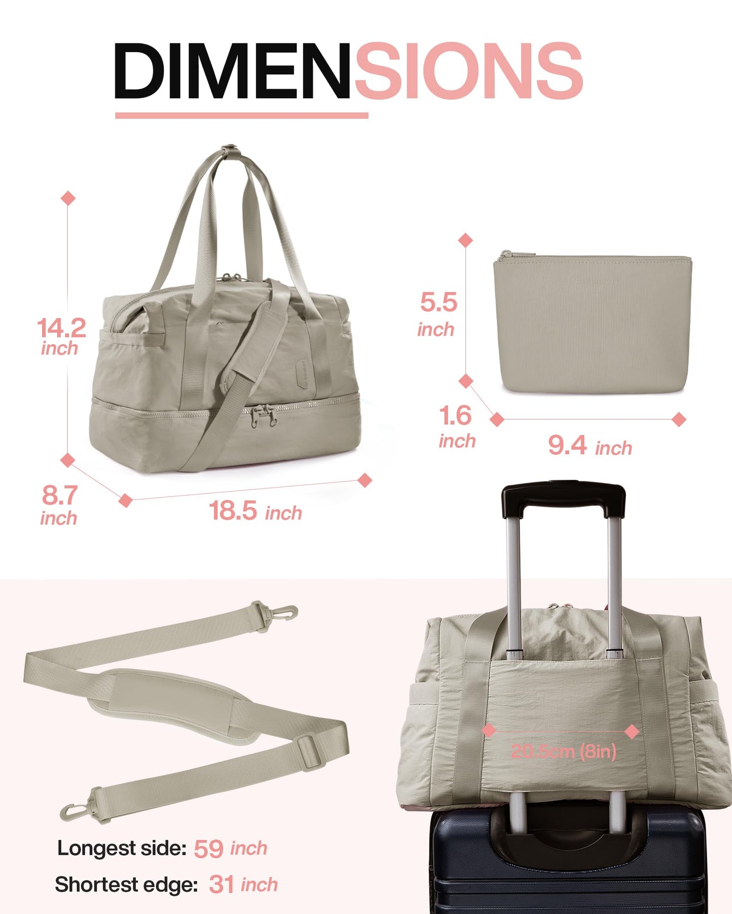 Weekender Bags for Women, BAGSMART Travel Duffel Bags with Shoe Compartment,Personal Item Travel Bag for Airlines, Carry on Overnight Tote Bag with Toiletry Bag (Beige)