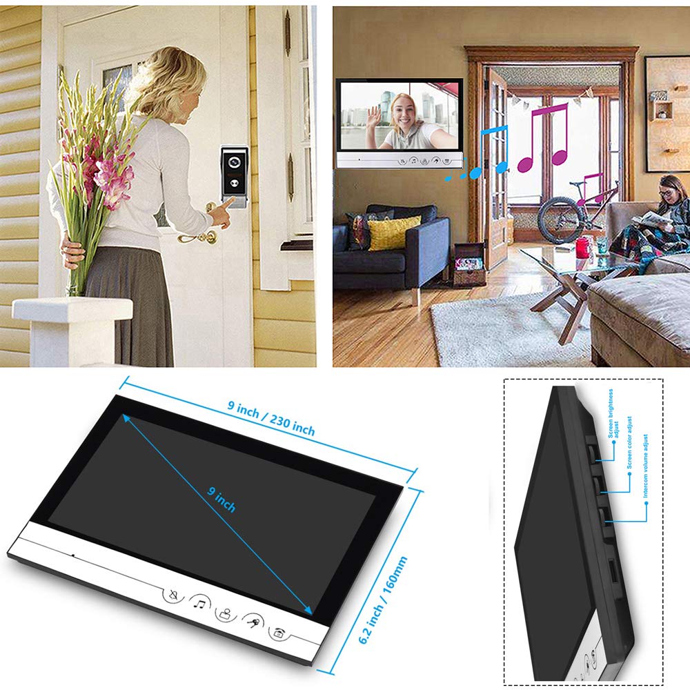 AMOCAM Wired Video Doorbell Intercom System, 9 Inches Monitor Video Doorbell Door Phone Kits with HD Camera Support Unlock, Monitoring, Dual-Way Intercom for Villa Home Office Apartment