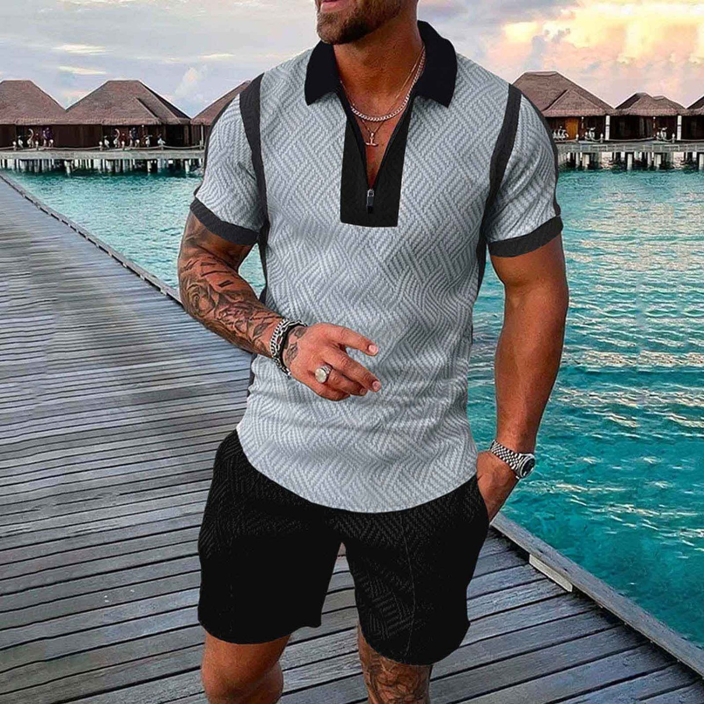 Good T Shirts for Men Two Piece Outfits Set for Men Printed Short Sleeve Polo Shirts Shorts Set Men S Short Set Outfit 2 (Y1-Grey, XL) Chambray Shirt Men