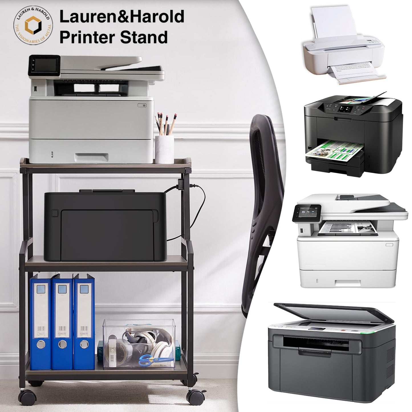 Lauren&Harold 34'' Printer Stand with Storage Printer Table with Power Outlets and USB Ports, Rolling Printer Cart with Adjustable Shelf, Large Printer Stand with Wheels for Home Office, Grey/Black