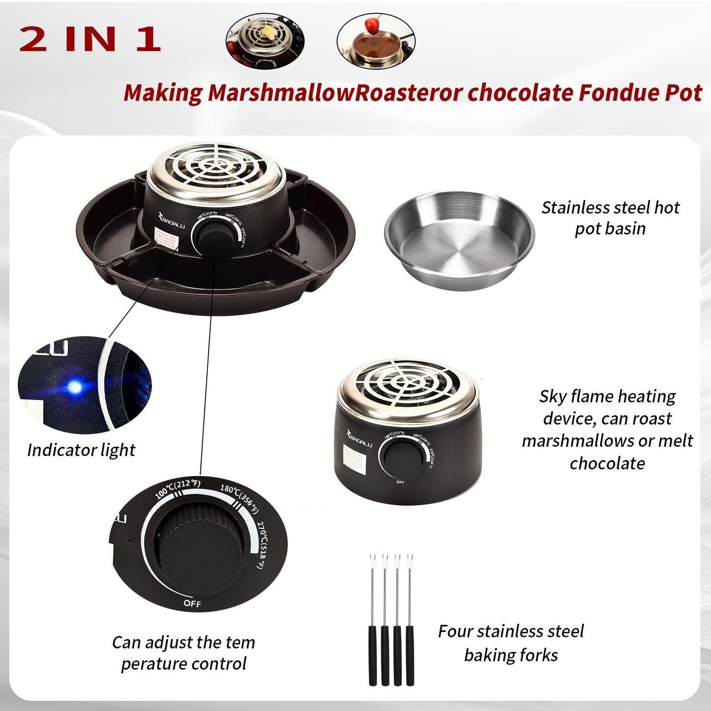 BADALU 2 in 1 Electric S'mores Maker & Fondue Pot, Tabletop Indoor S'mores Maker Kit with 4 Roasting Forks & 1 Flameless Temperature-controlled Heater,Housewarming Christmas Gifts,Family Gifts