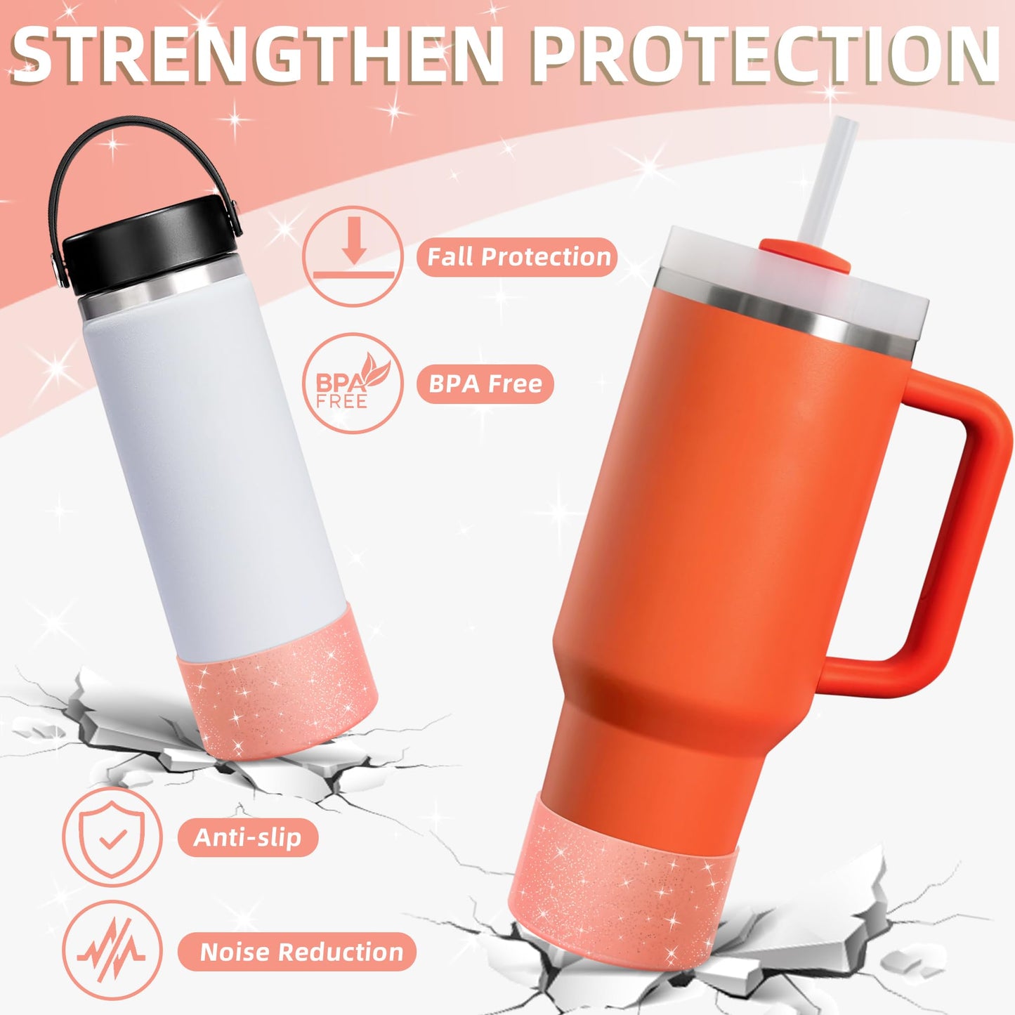 Vmini Protective Glitter Silicone Boot, Compatible with Stanley Tumbler 20-40oz & Hydro Flask Water Bottle 12-24oz and More Bottles/Tumblers with 2.8-2.95in Bottom, Bling Anti-Slip Sleeve Cover