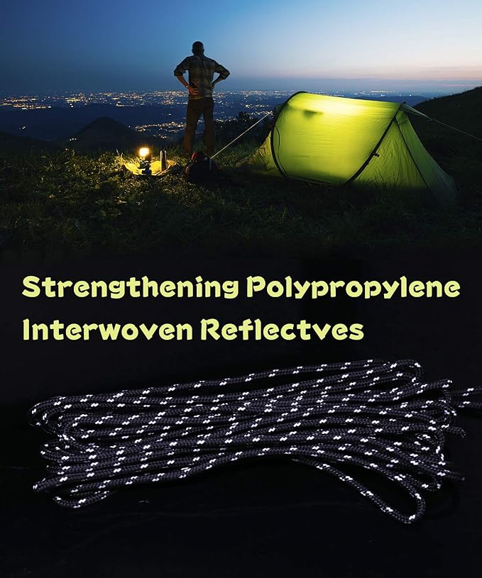 Hikeman 10 Pack 4mm Camping Rope Reflective Outdoor Guy Lines with Aluminum Guyline Adjuster Tensioners Nylon Tent Tie Downs for Hiking Backpacking Tarp,Canopy Shelter (Black)