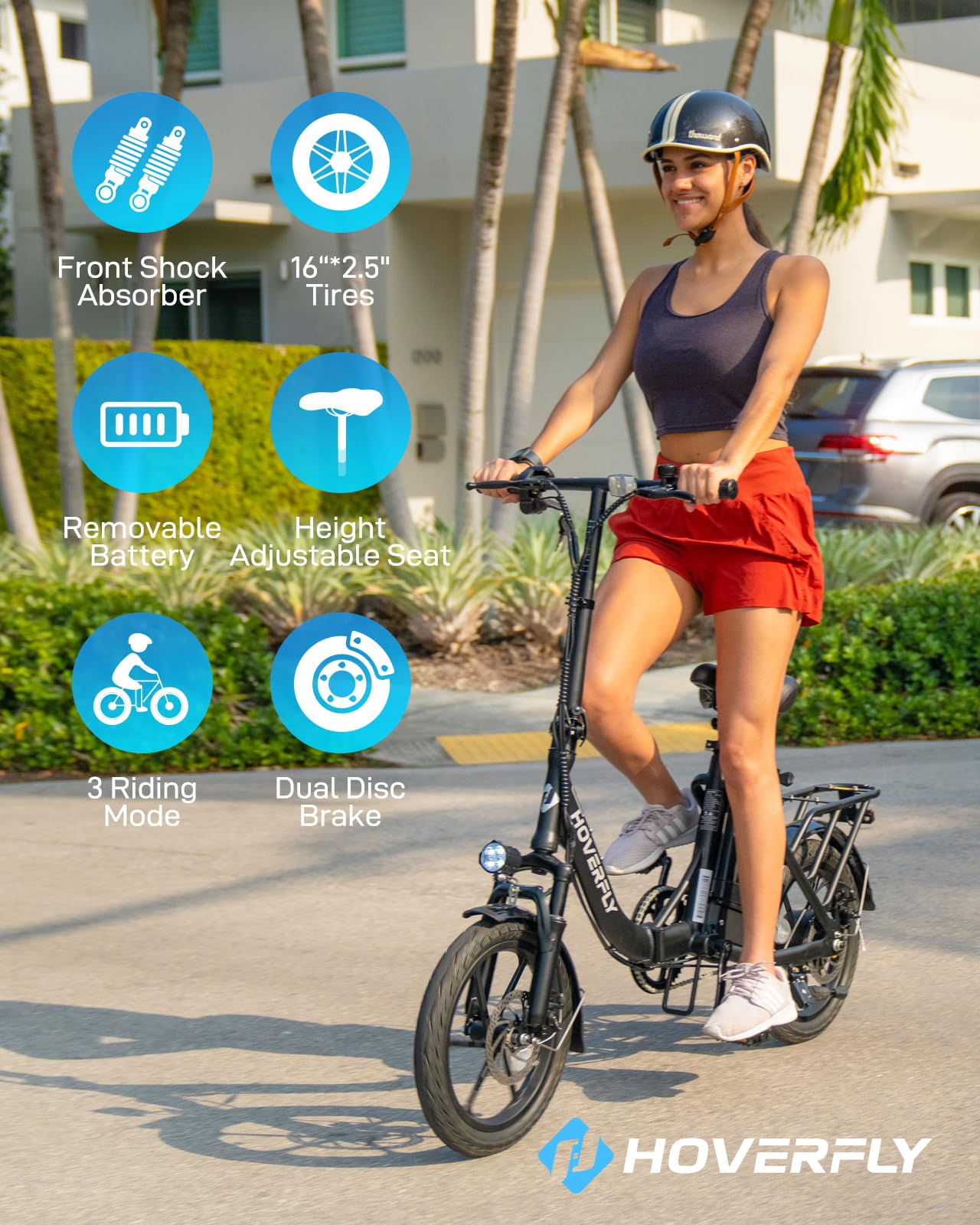 HOVERFLY H3 16" Electric Bike, Max 28Miles Range(Pedal-Assist) & Speed 15.5 Mph Power by 500W Peak Motor, Folding E-Bike with Removable Battery, Front Suspension and Commuter Electric Bicycle Adults