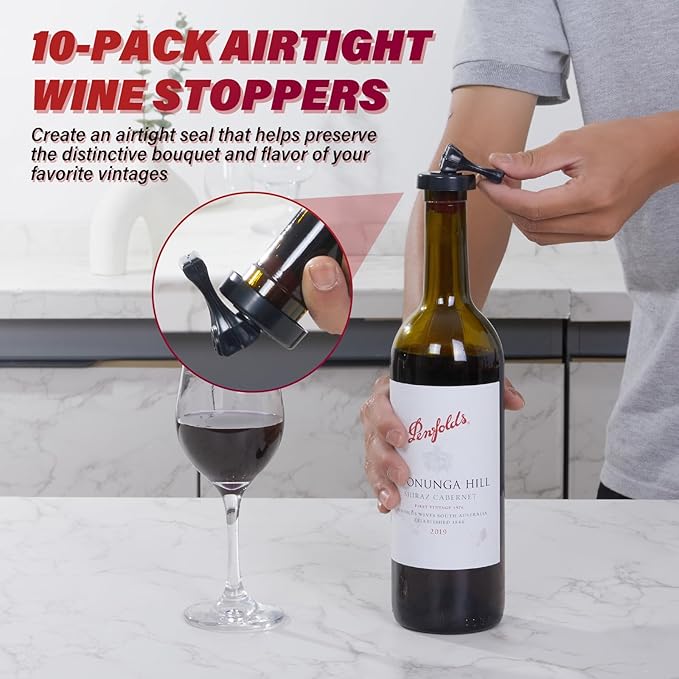 Wine Stopper，10 Pack Wine Stoppers for Wine Bottles，Plastic Vacuum Wine Bottle Stopper Wine Saver with Airtight Seal，Wine Topper Keep Wine Fresh Wine Bottle Sealer Set