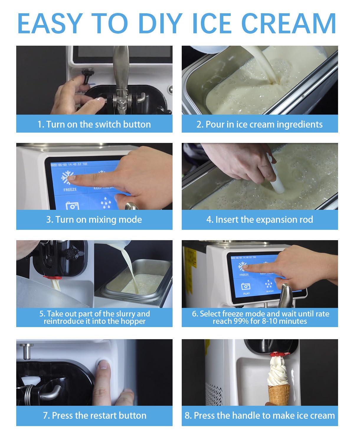 Soft Serve Ice Cream Machine, 7 Inch Screen Ice Cream Maker Machine 4.2 to 4.6 Gal/H Ice Cream Maker Machine with Pre-Cooling Soft Serve Machine with 1.6 Gals Tank for Party Store School Home