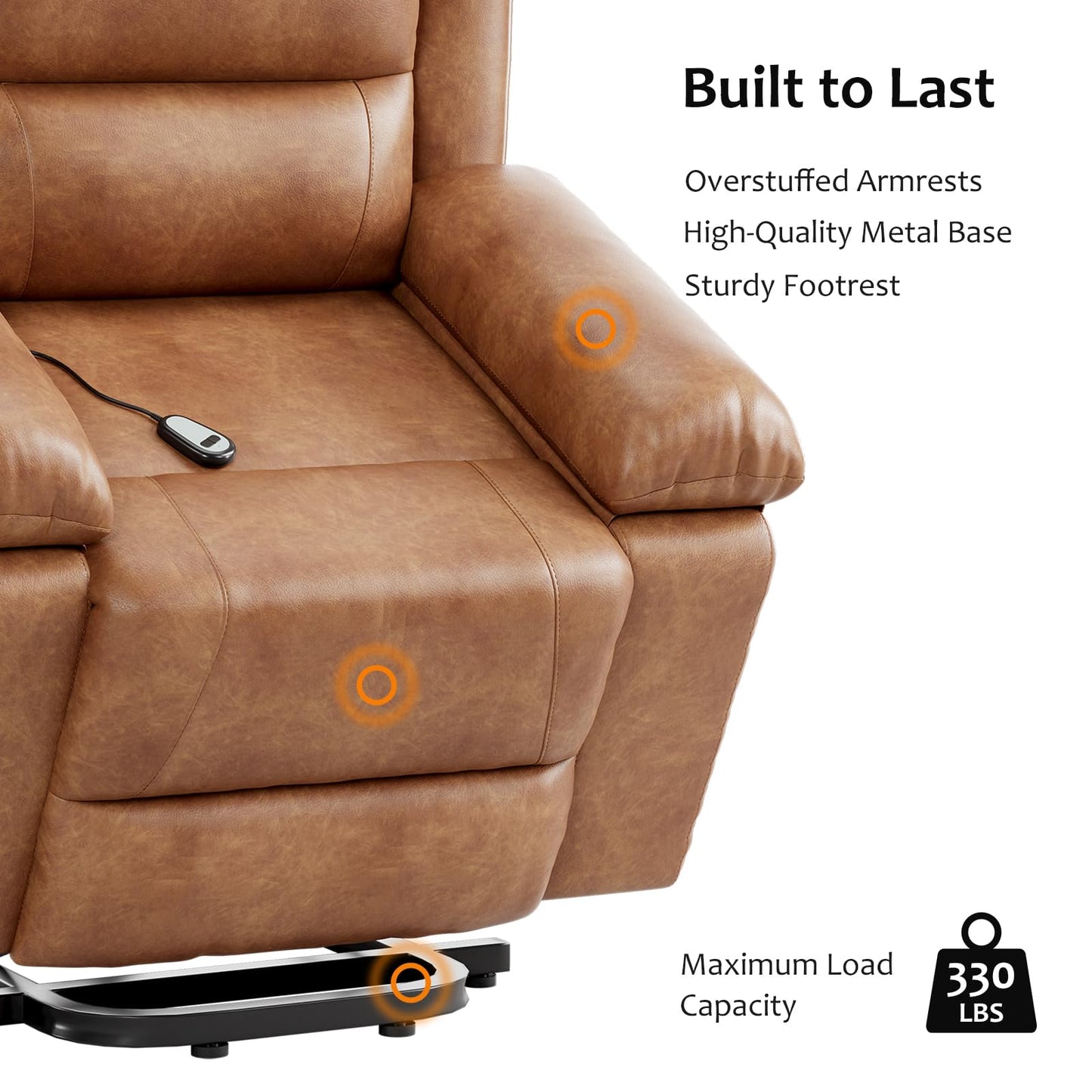 GarveeHome Faux Leather Power Lift Recliner w/Massage and Heat for Elderly, Recliner Chairs with Pockets for Living Room (Cognac, Medium)