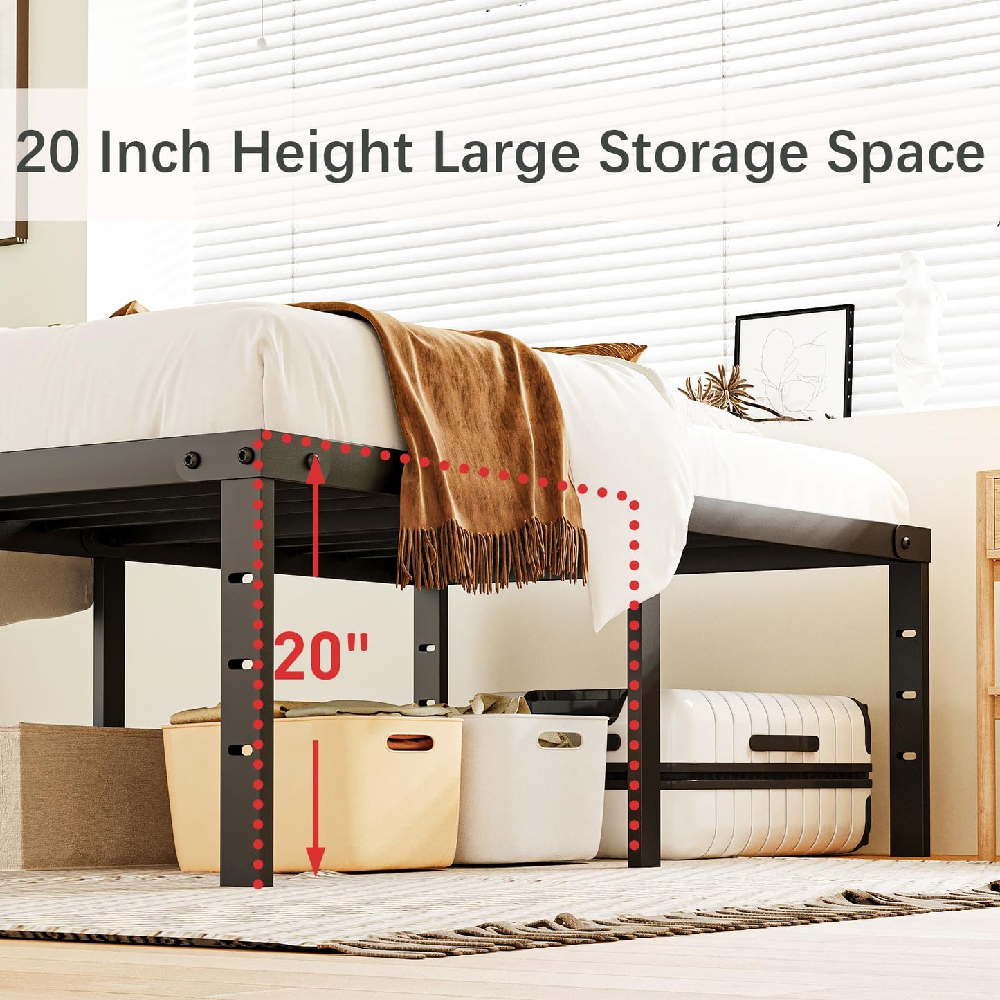 AGXI 20 Inch Twin Bed Frame No Box Spring Needed, Heavy Duty Tall Metal Twin Platform Bed Frames with Large Storage Space, Easy Assembly Strong Bearing Capacity, Noise Free
