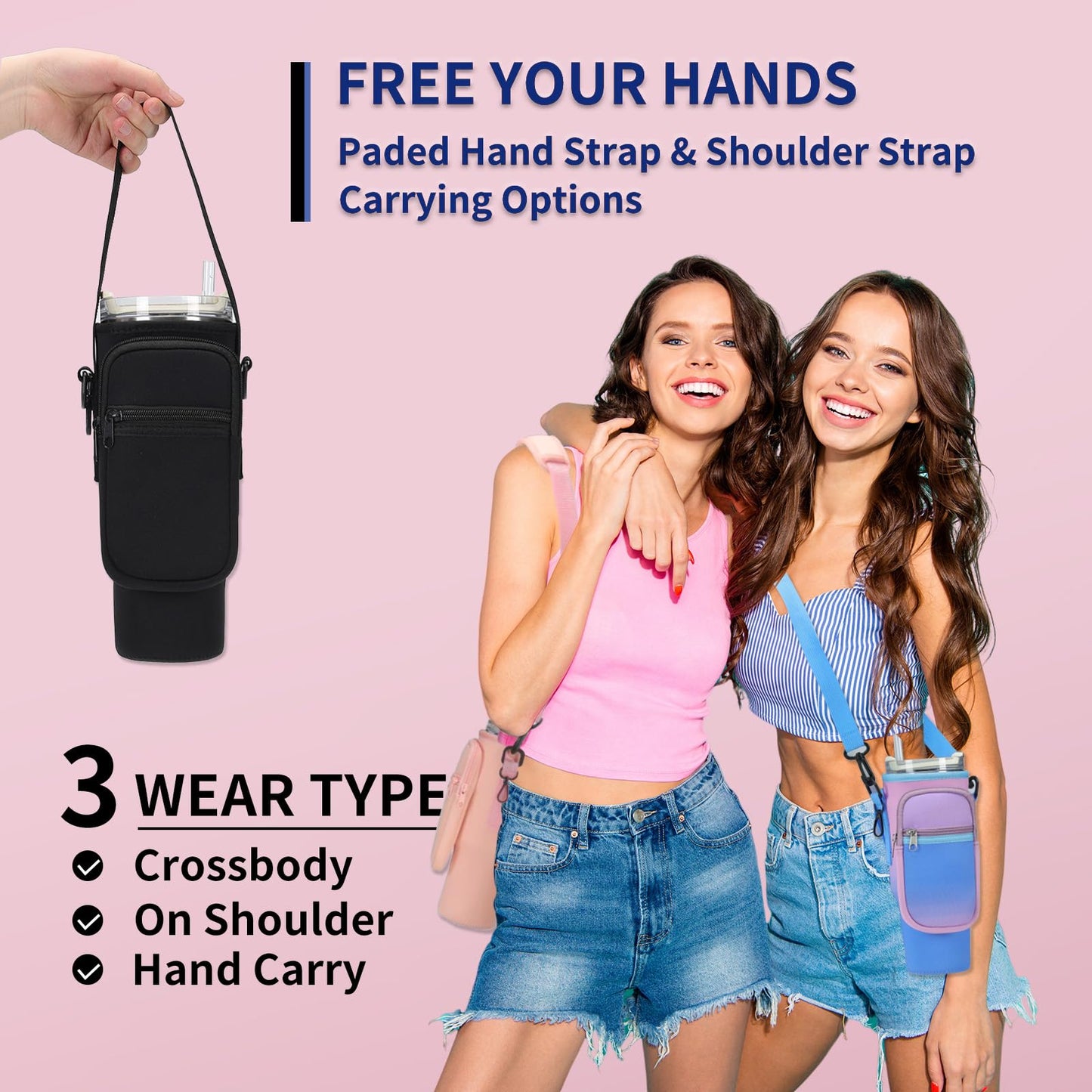 GOEWY Water Bottle Carrier Bag for Stanley 30oz Tumbler with Phone Pocket Water Bottle Holder with Strap Neoprene Water Bottle Pouch for Stanley Cup Accessories