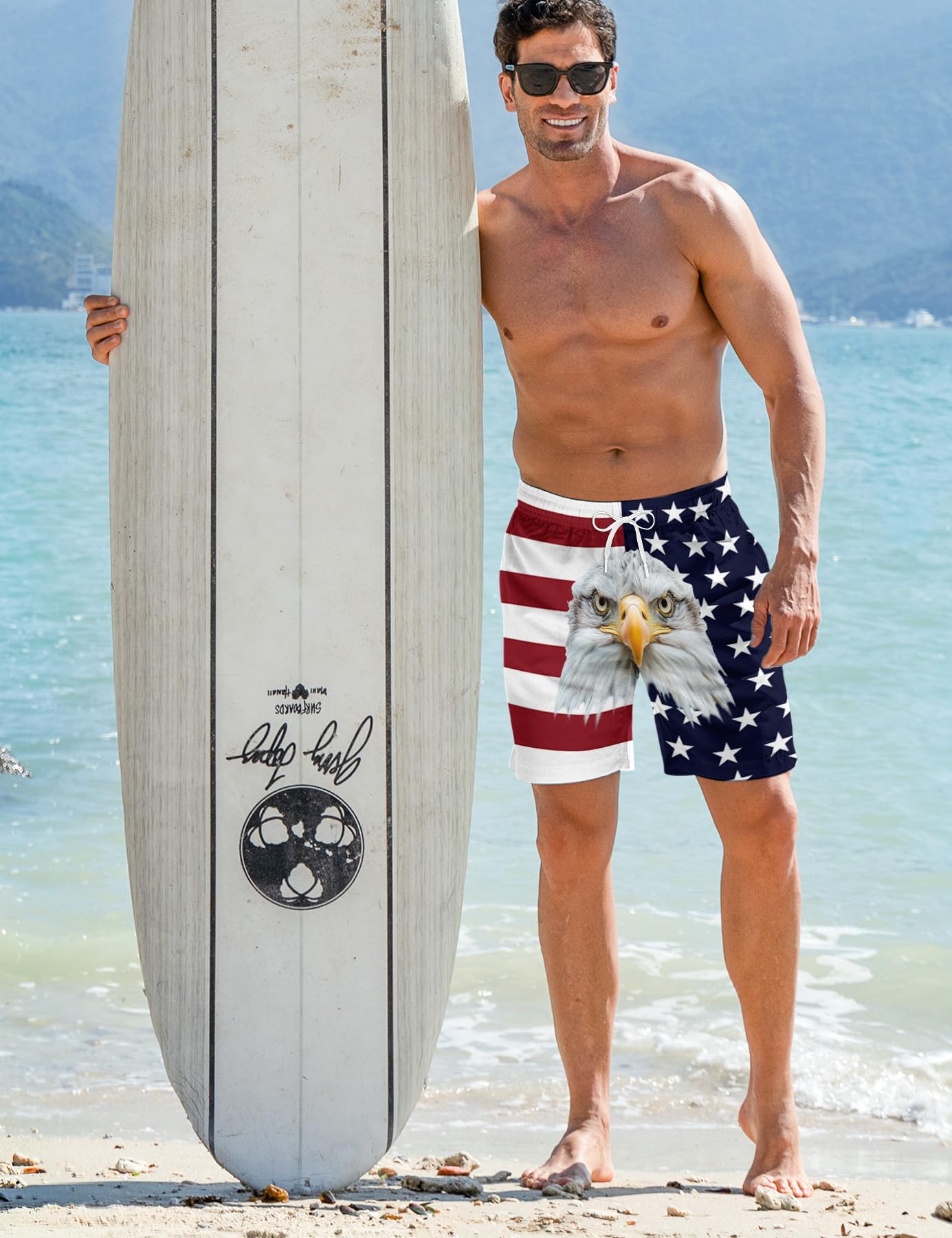 ALISISTER Men American Flag Swim Trunks Compression Liner Fourth of July Board Shorts Independence Day Boardshorts USA Swimsuits Cool Swimwear 7 Inch
