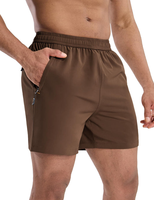 MIER Running Shorts for Men 5 Inch Quick Dry Gym Athletic Workout Shorts with Zipper Pockets, Elastic Waist, Brown, M