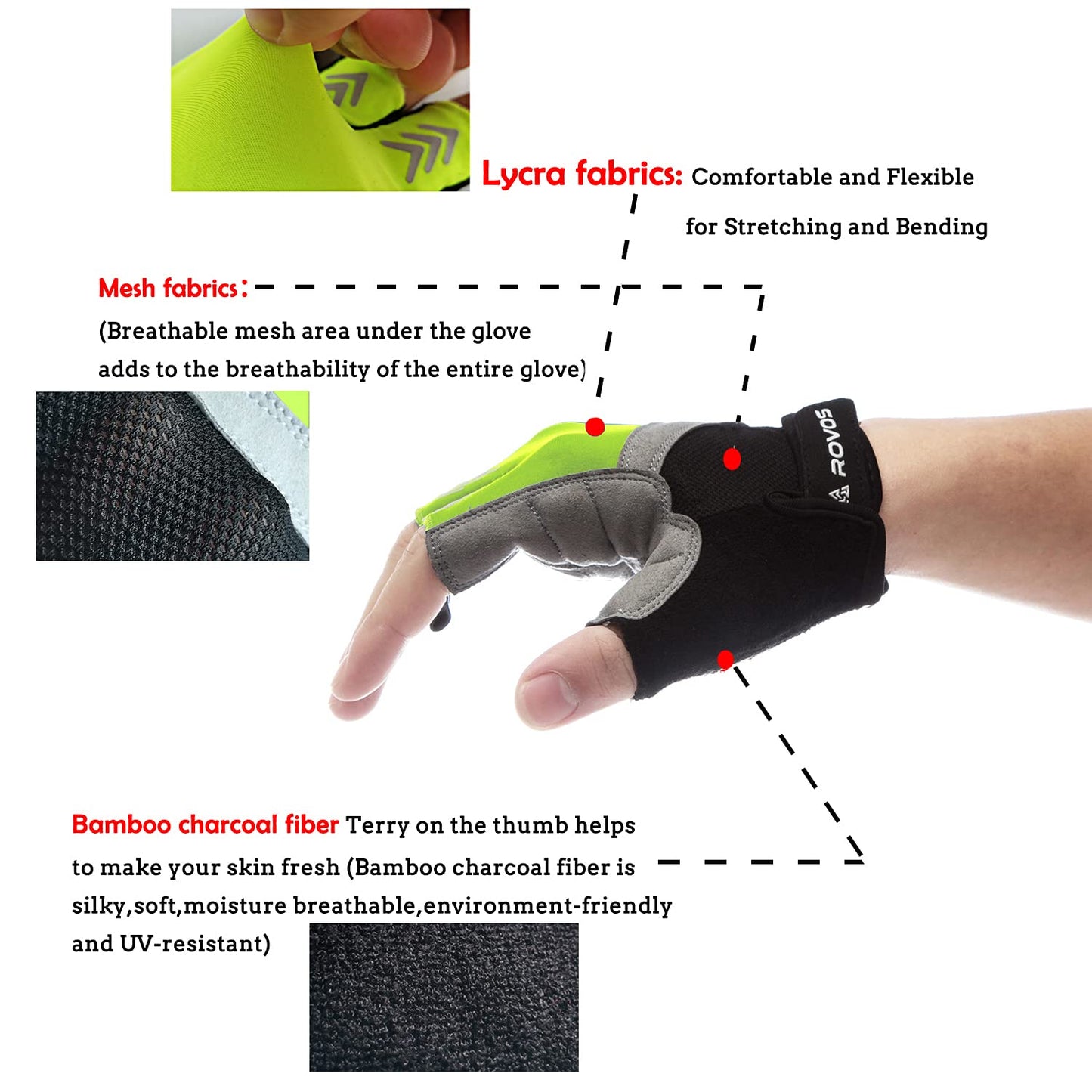 ROVOS Bike Gloves Men & Women Cycling Gloves Bicycle Gloves 5mm Absorbing Padded Half Finger Breathable Mountain Bike MTB Road Biking Gloves (Green, Medium)