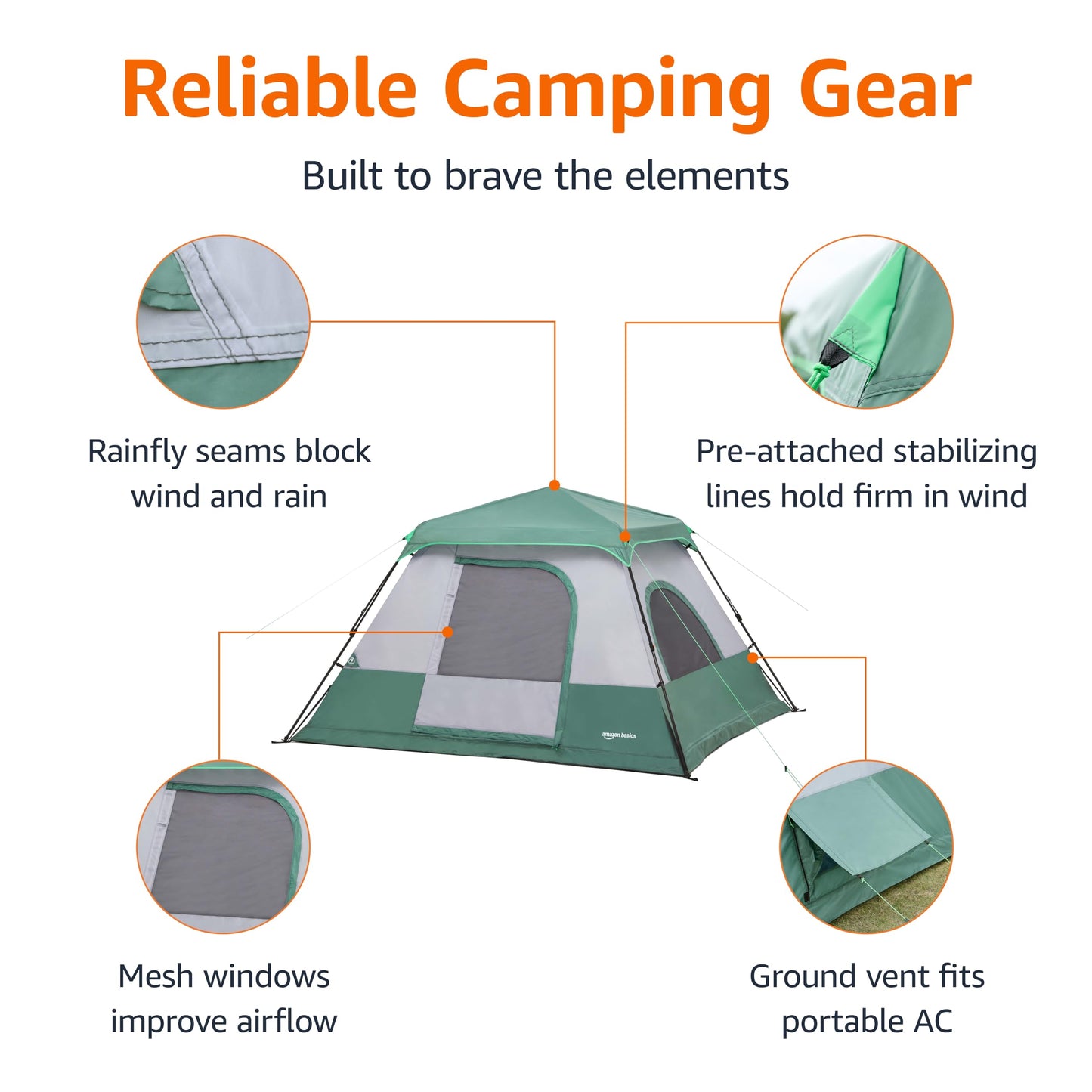 Amazon Basics 6-Person Instant Camping Tent with Rainfly, Weather-Resistant, Quick Setup, Green