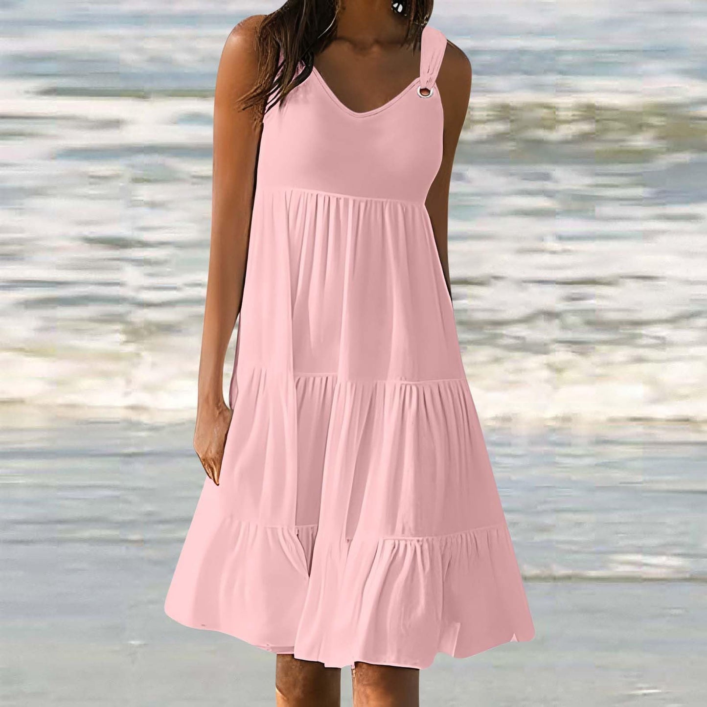 Anjikang dollar deals under 1 Summer Dresses for Women 𝟮𝟬𝟮𝟰 Sleeveless Beach Tank Dresses Tiered Ruffle Swing Dress Casual Solid Color Dresses, Large
